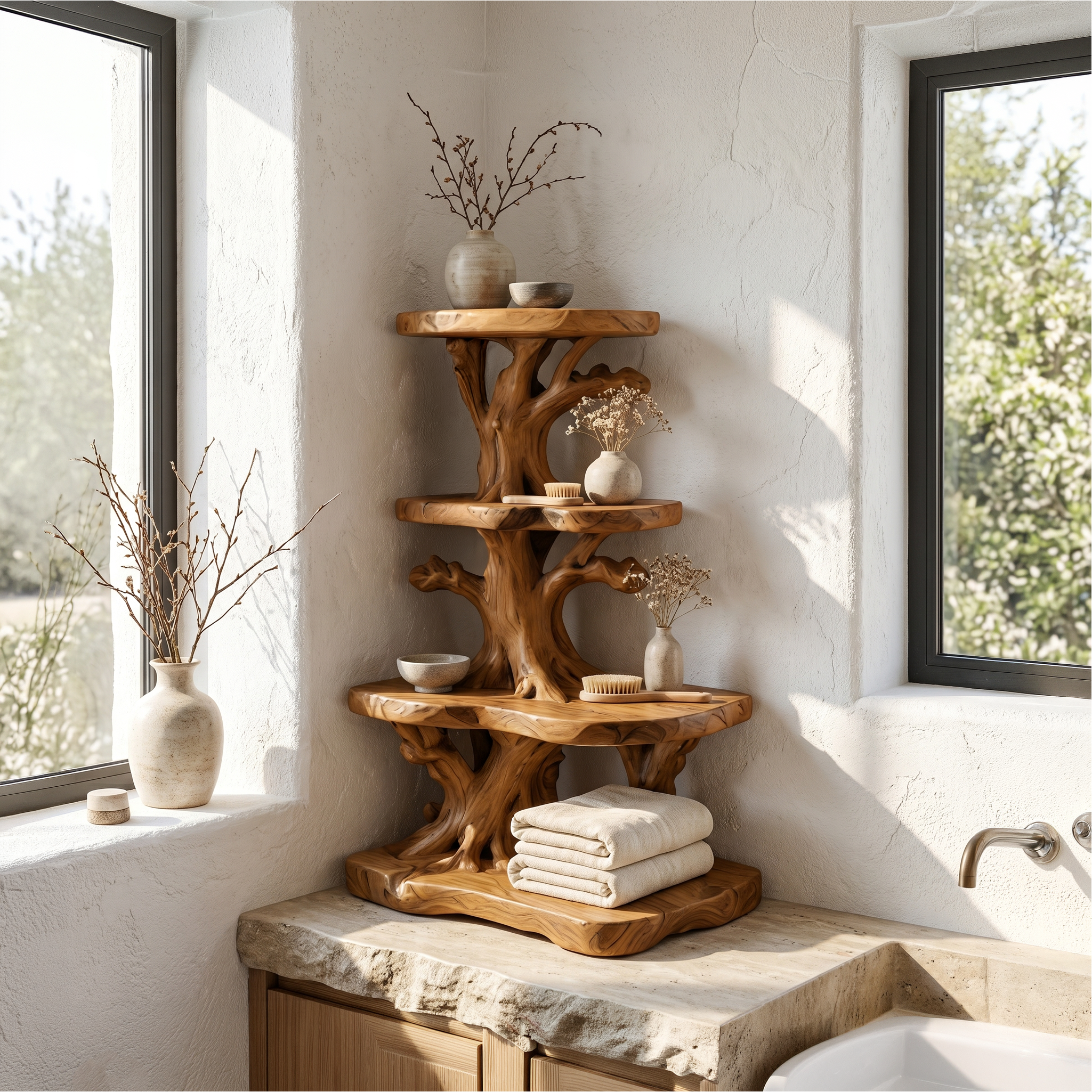 Organic Bathroom Shelf Corner With Floating Display Shelves And Vanity Storage