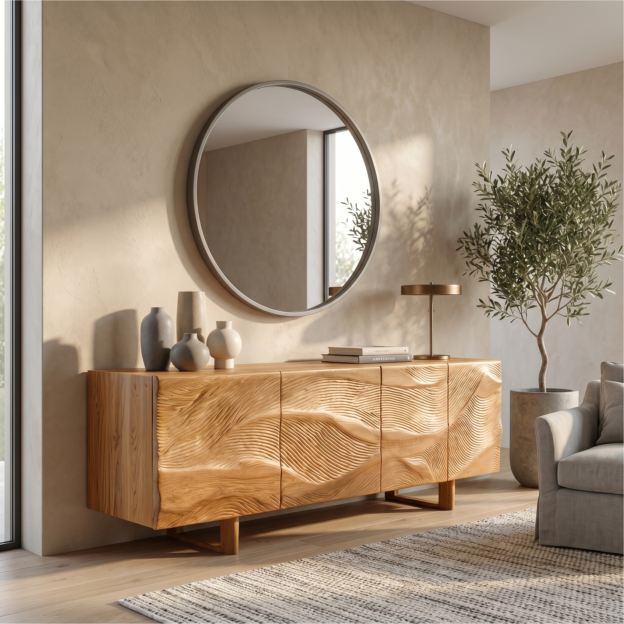 Modern Storage Cabinet With Sunburst Carved Wood Doors For Living Room