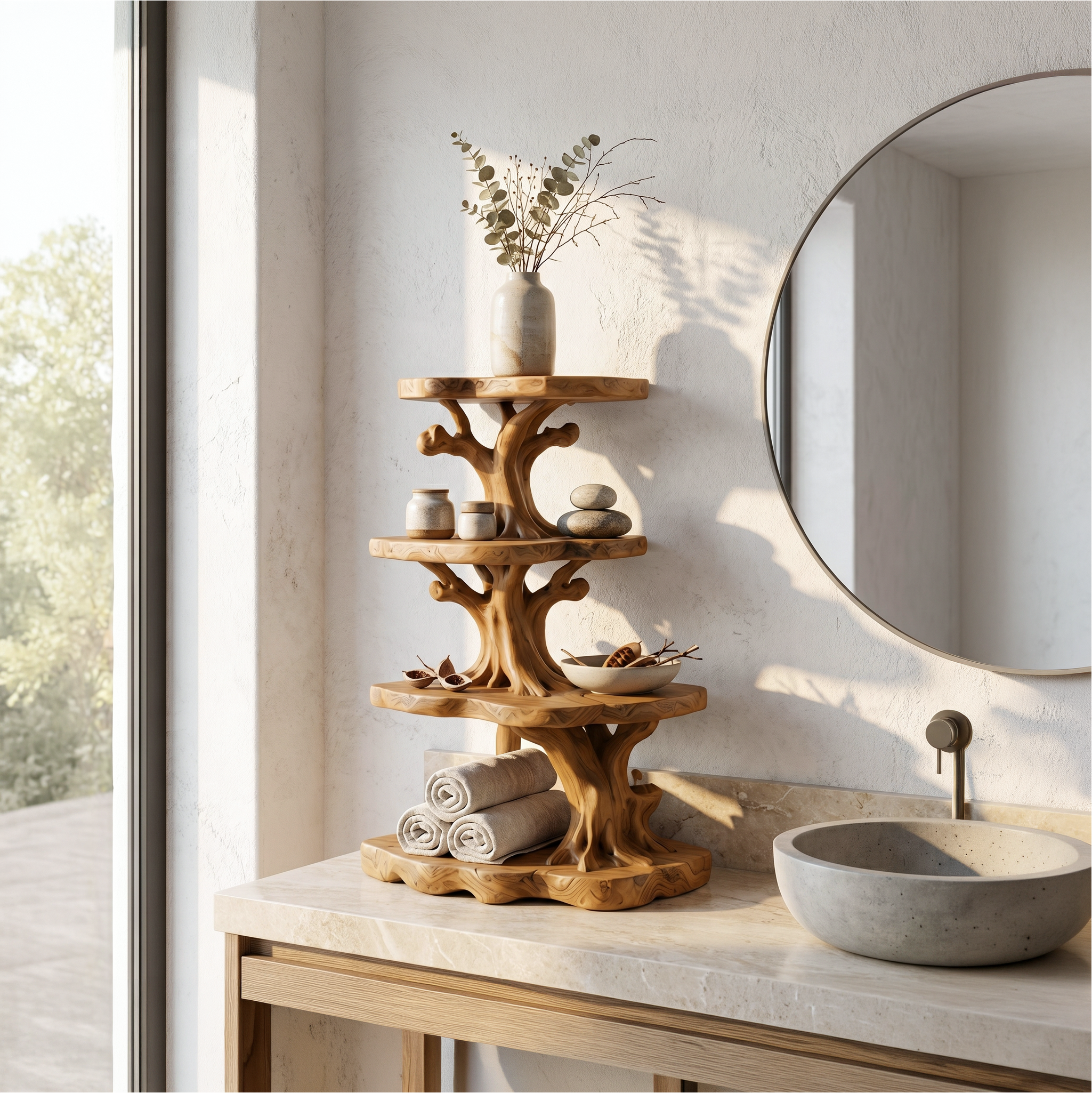 Handcrafted Wooden Bathroom Shelf With Nature Inspired Design For Bathroom