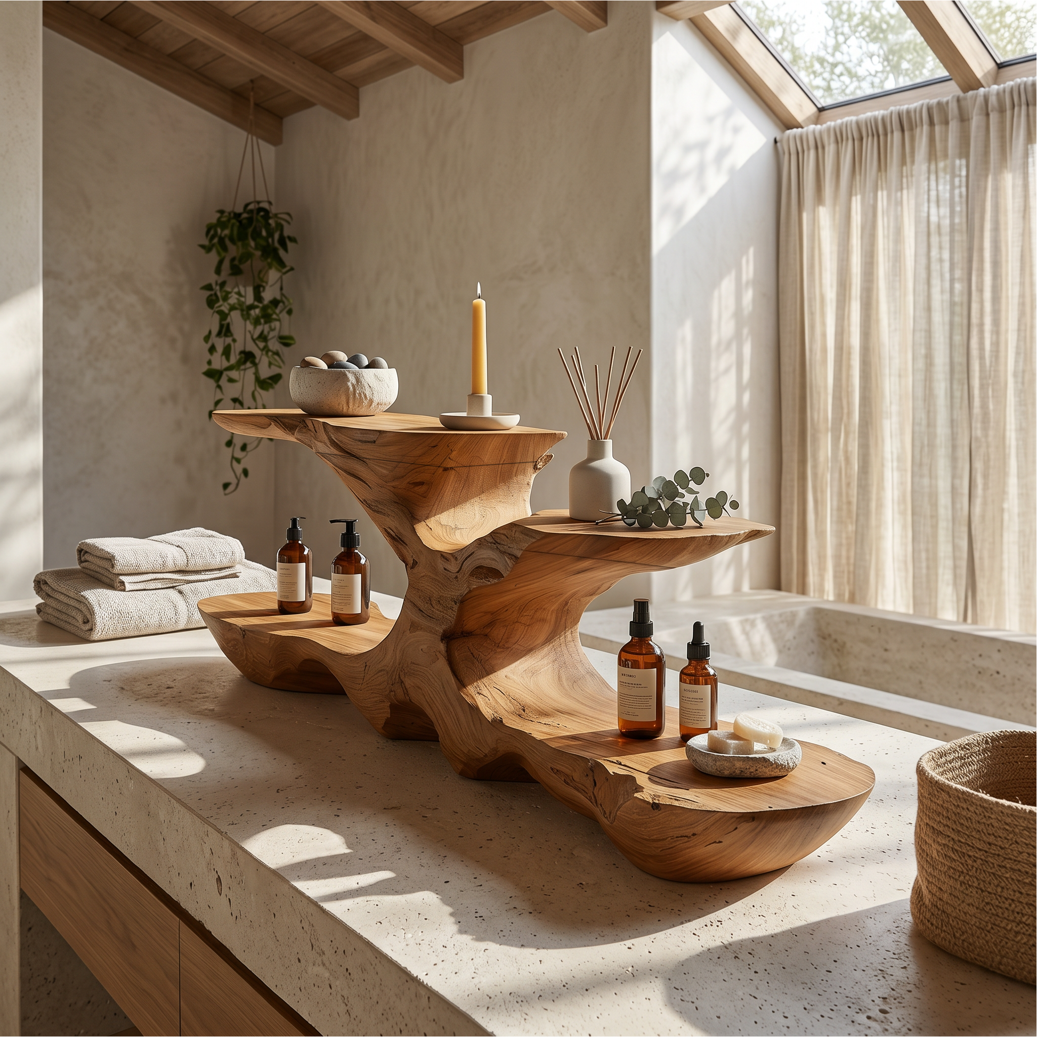 Organic Bathroom Counter Organizer With Sculptural Tiered Shelves