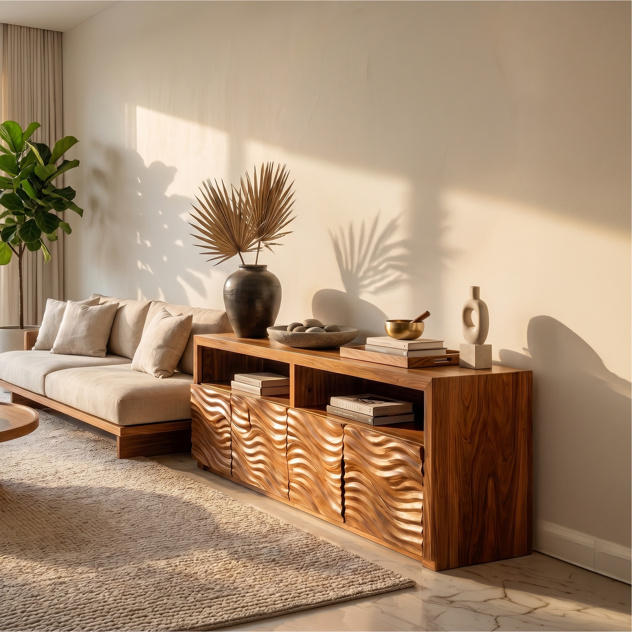 Contemporary Sideboard With Carved Wood Doors And Functional Storage For Living Room