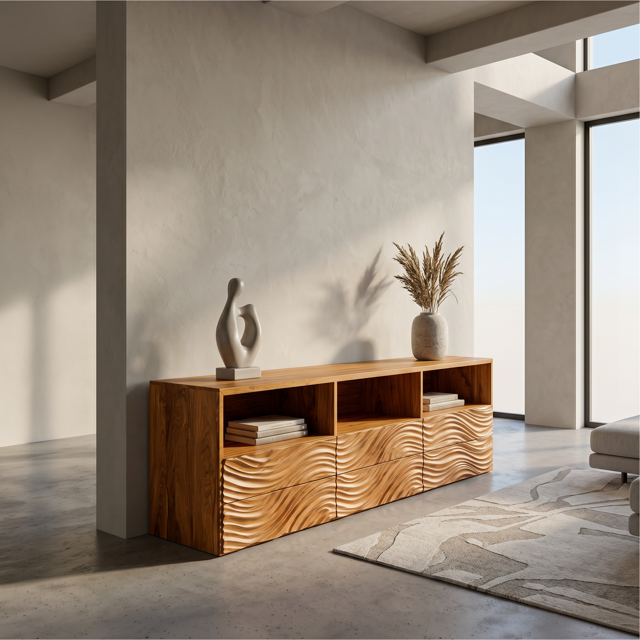 Sculptural Sideboard With Organic Relief Pattern For Living Room