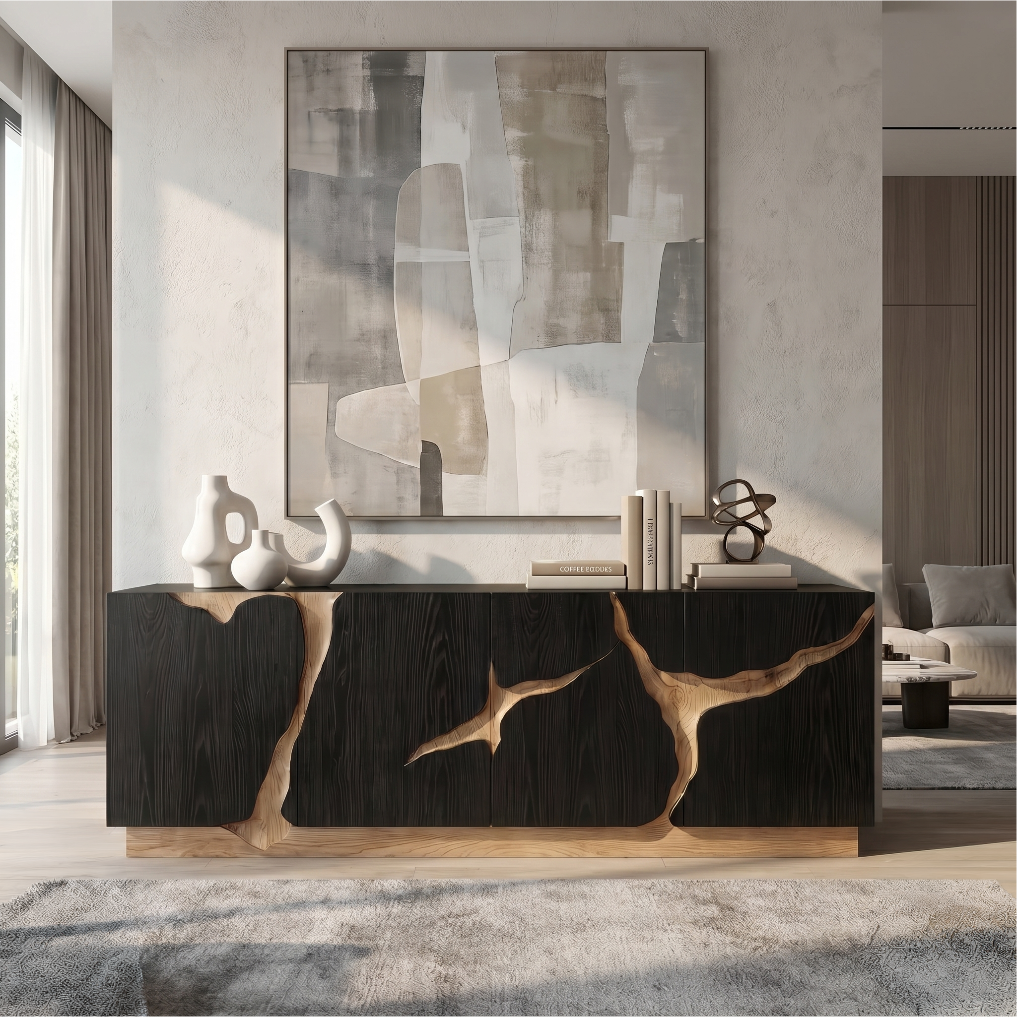 Organic Sideboard With Charred Wood Doors And Natural Live Edge Inlay For Living Room