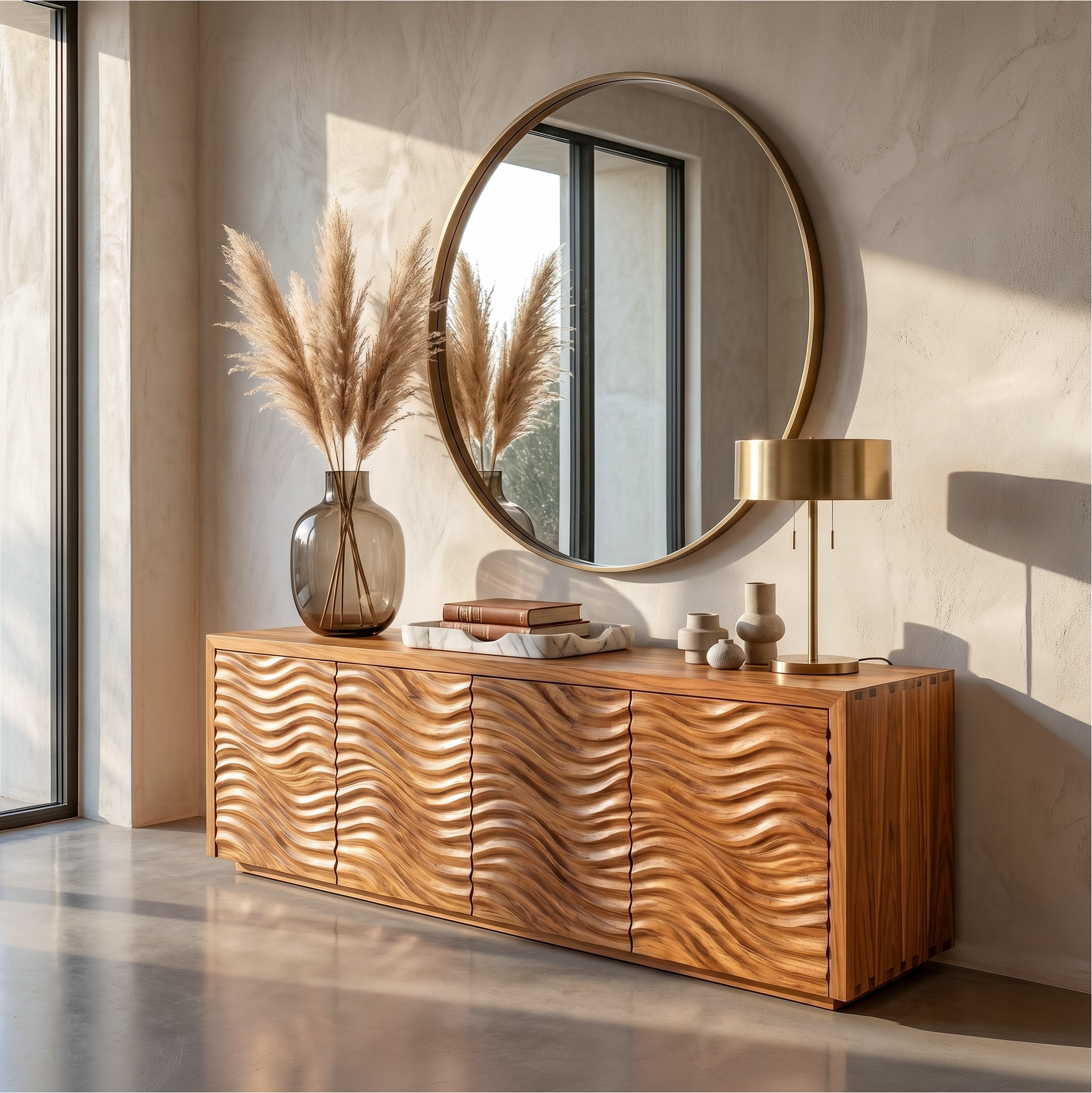 Rustic Sideboard With Hand Carved Wave Wood Doors And Solid Wood Storage For Living Room