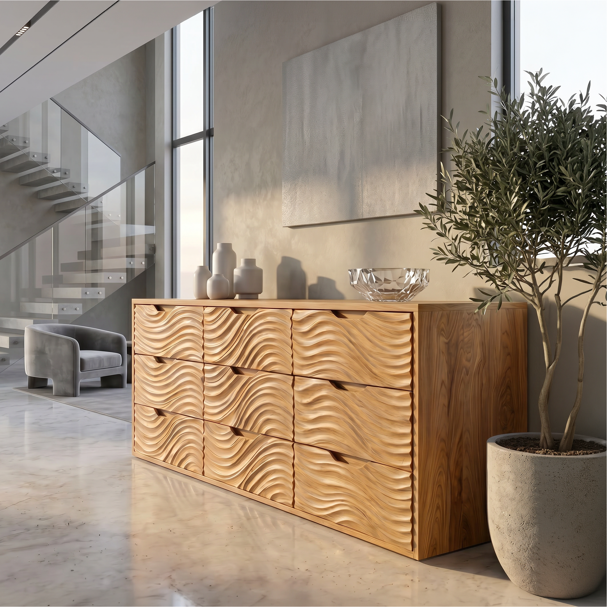 Organic Sideboard With Hand Carved Wave Wood Doors And Solid Wood Storage Cabinet For Living Room