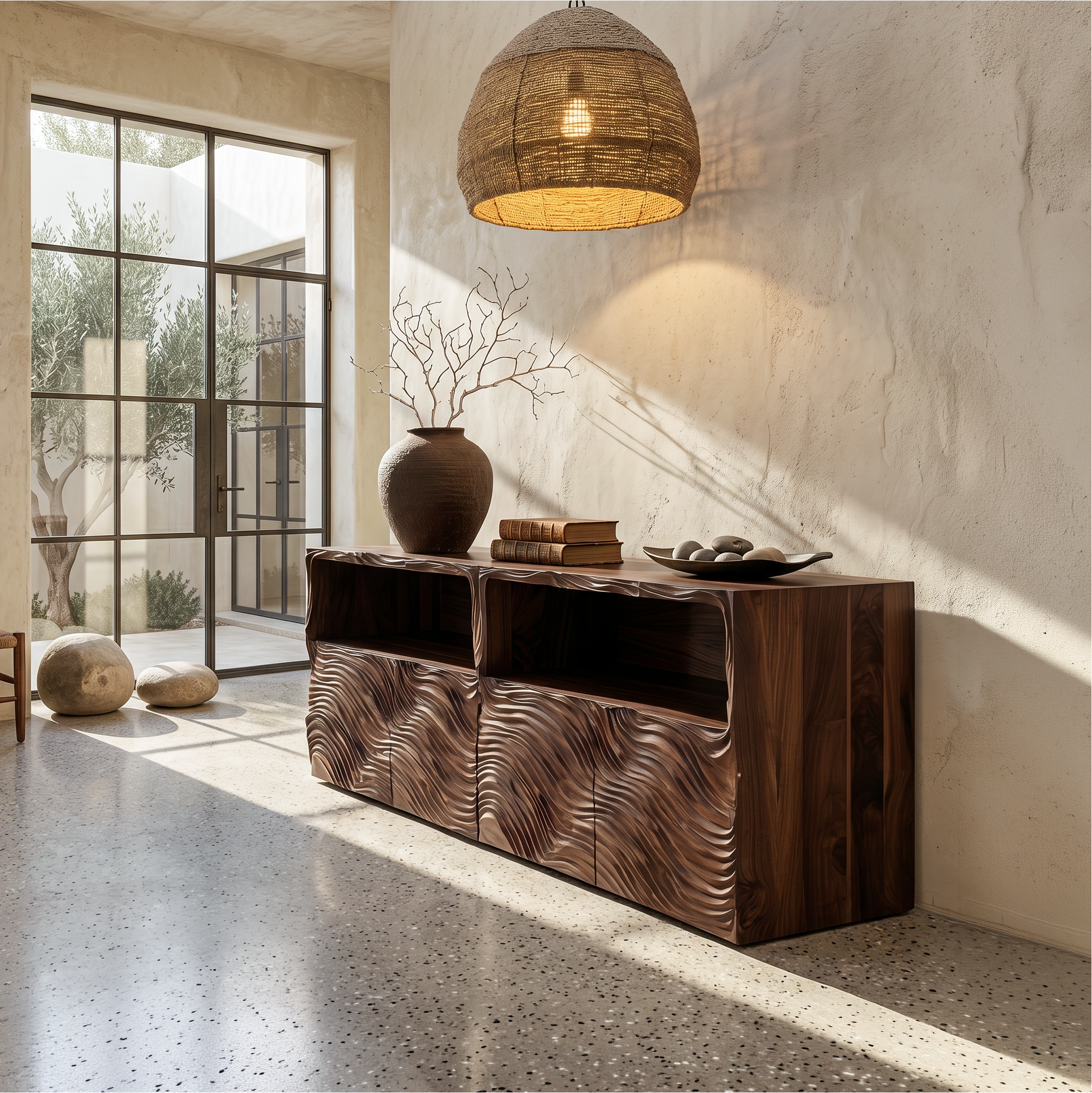 Modern Sideboard With Hand Carved Wave Wood Doors And Open Display Shelves For Living Room