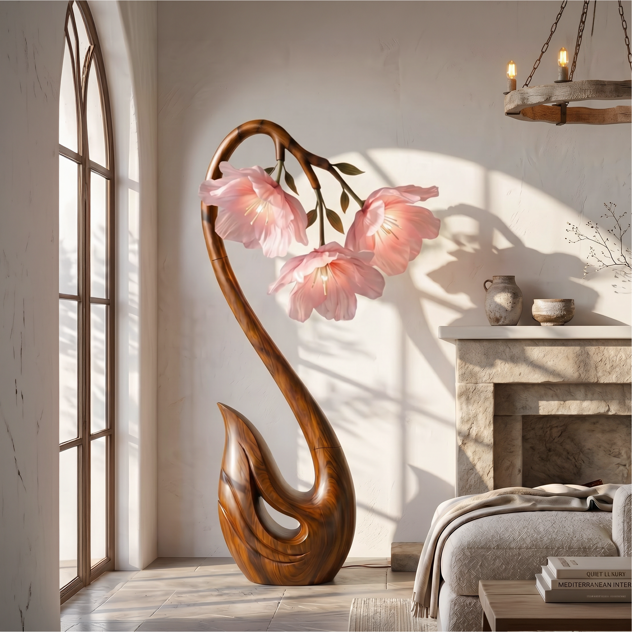 Sculptural Flower Floor Lamp Organic Wood Design For Living Room