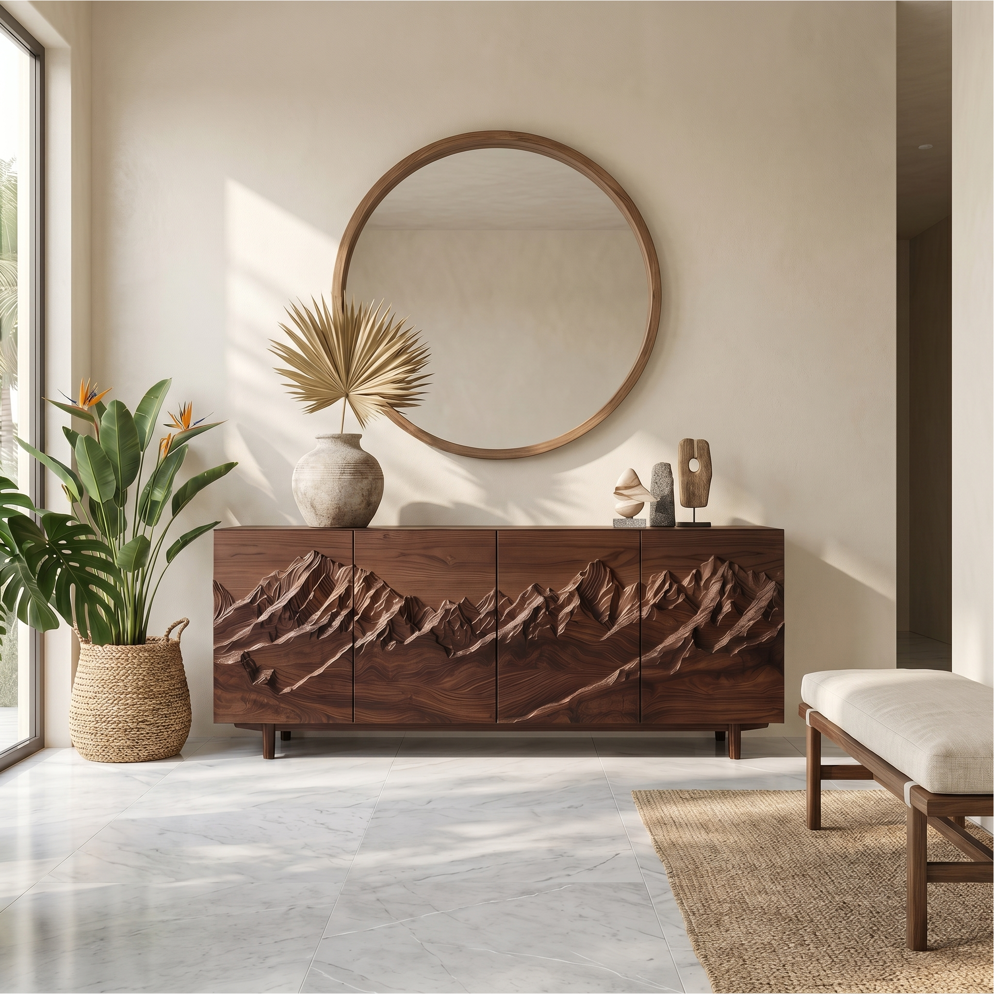 Rustic Mountain Landscape Sideboard With Carved Wood Doors For Living Room And Entryway