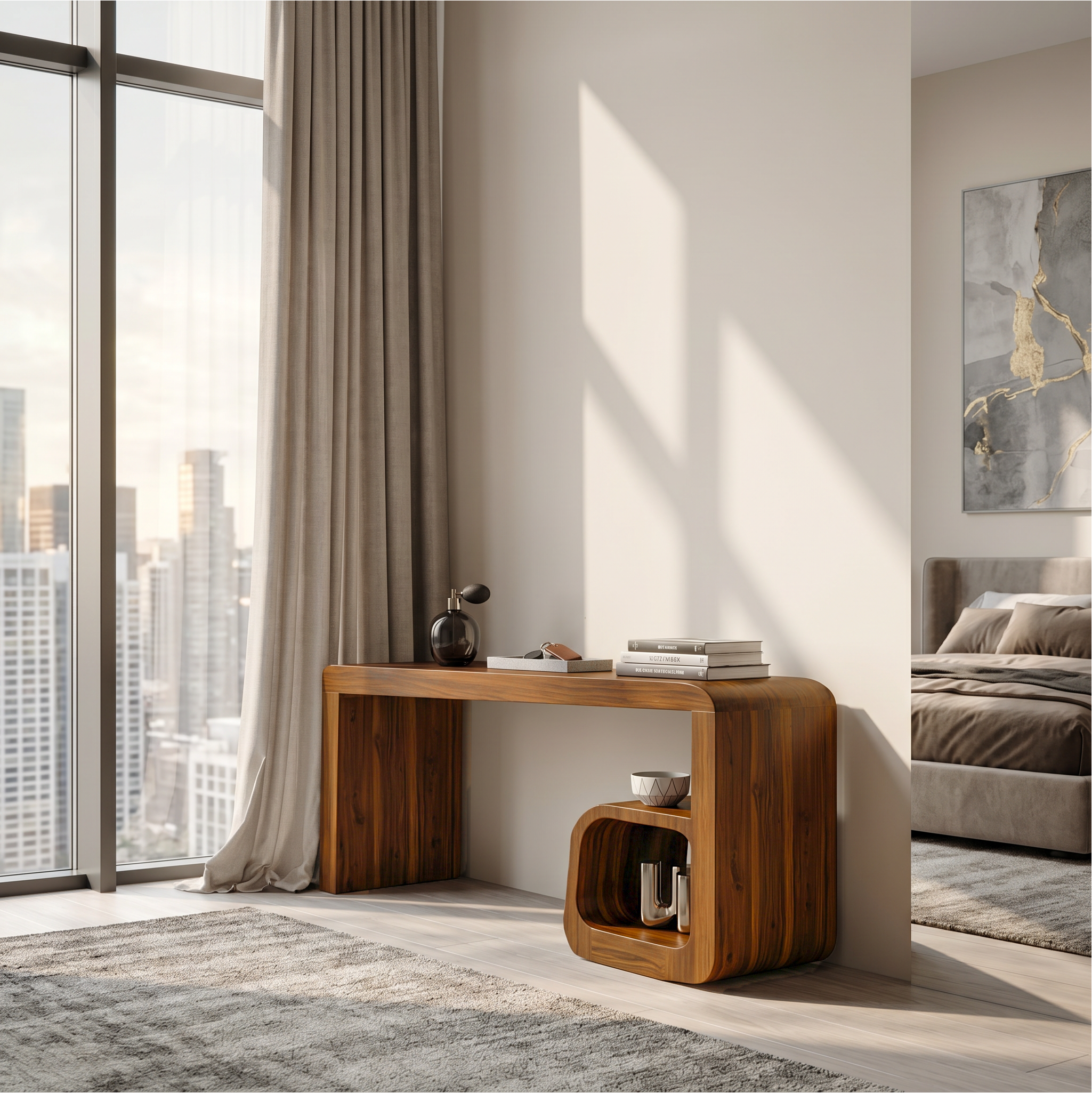 Sculptural Dressing Table With Curved Wood Silhouette For Bedroom Decor