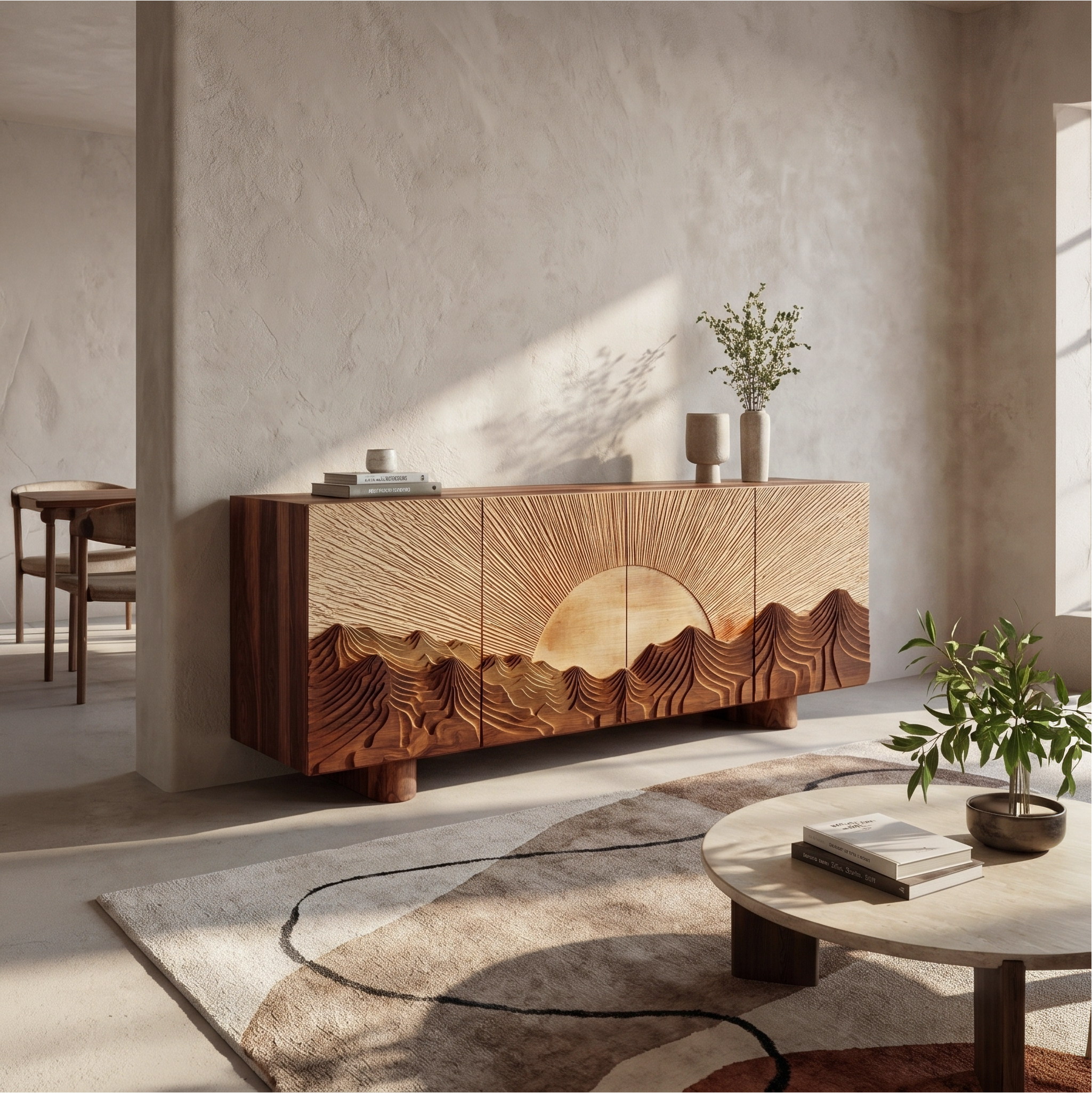 Rustic Mountain Sunrise Sideboard With Carved Wood Doors For Living Room