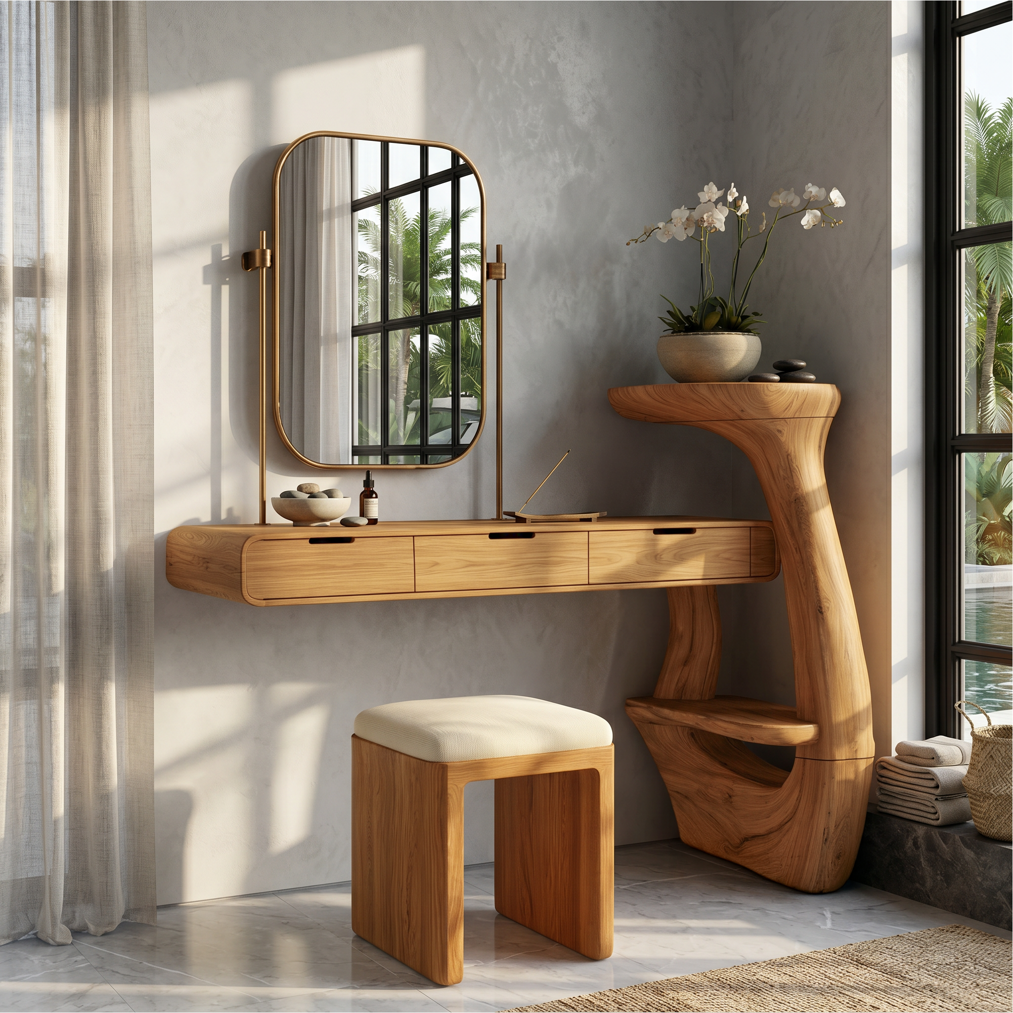 Sculptural Dressing Table With Handcrafted Wood Structure For Bedroom