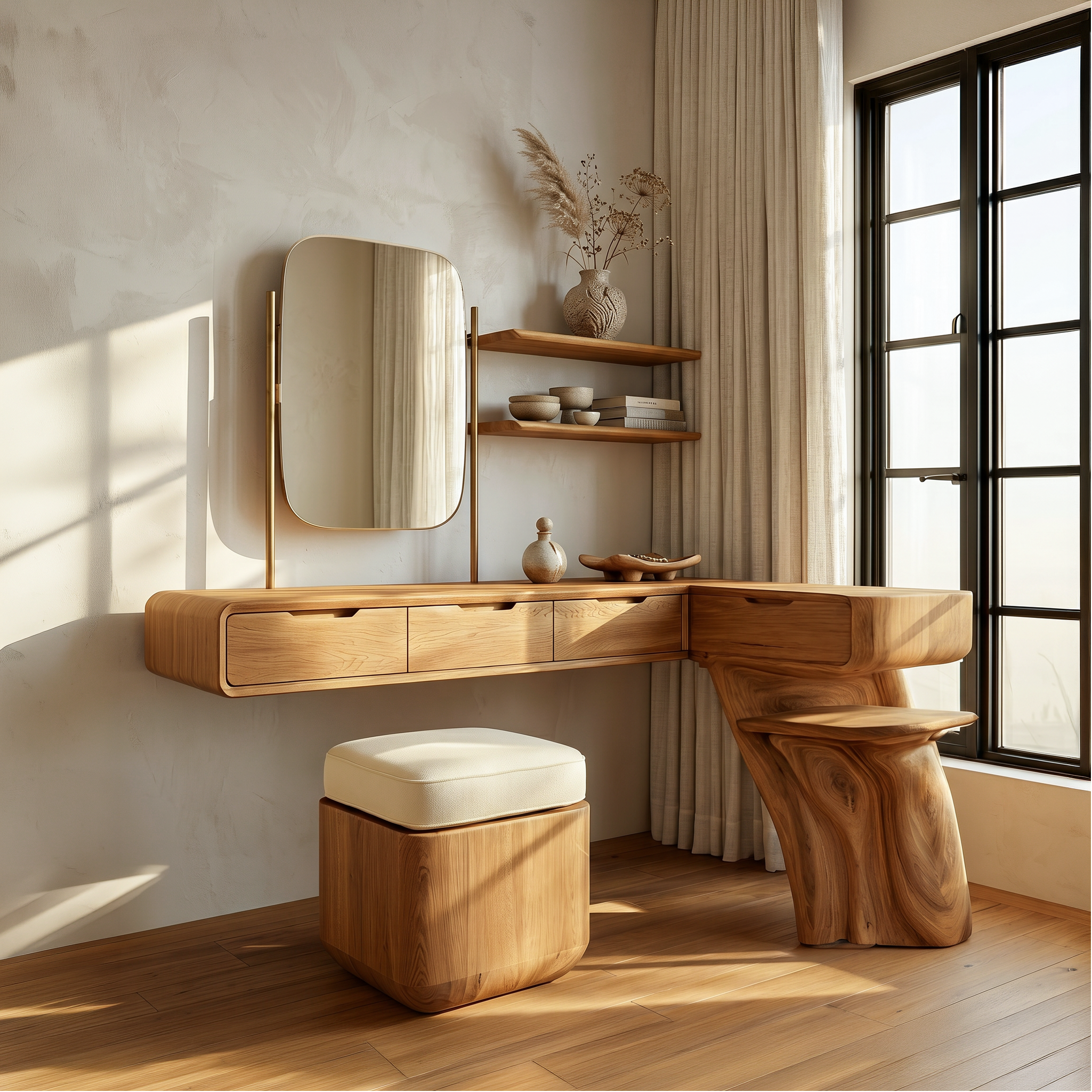 Nature Inspired Dressing Table With Sculptural Wood Design For Bedroom