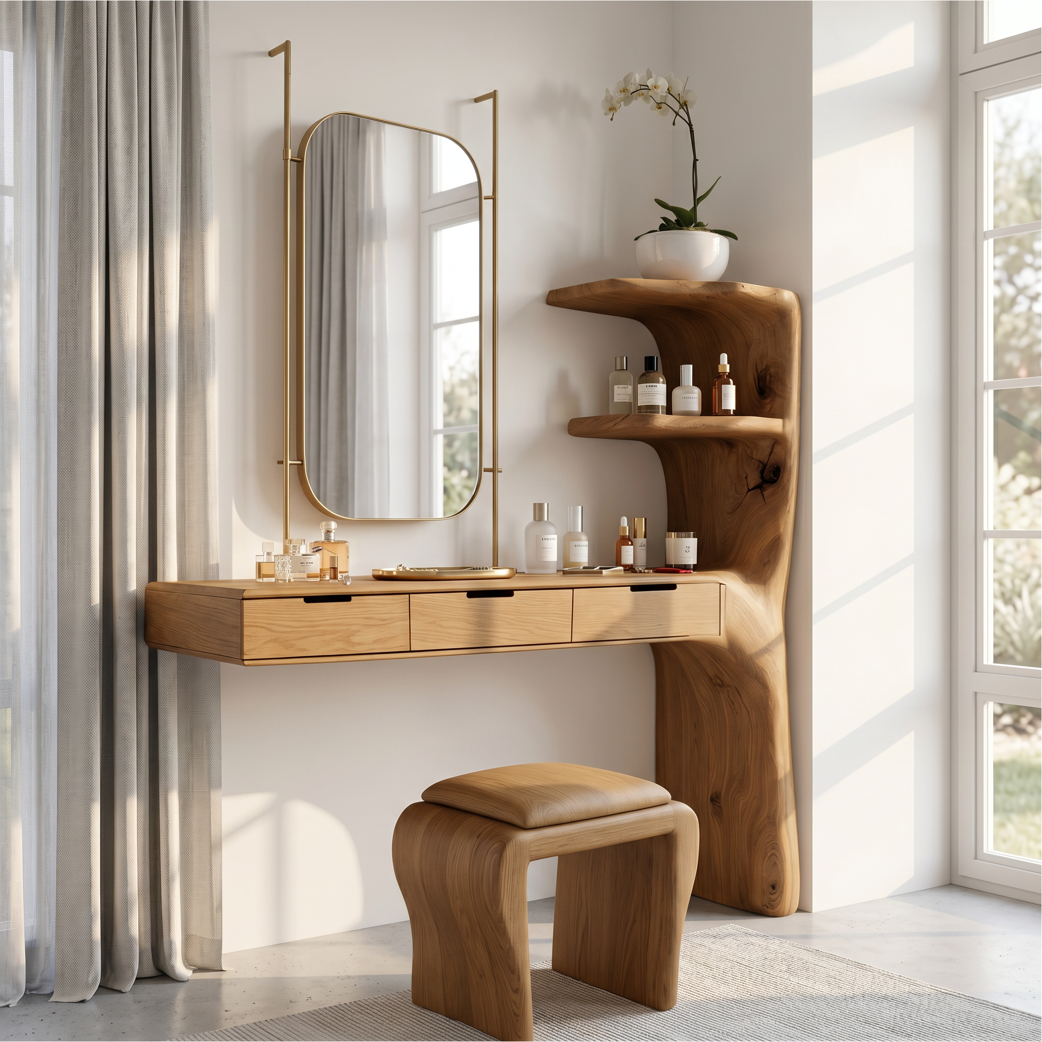 Organic Dressing Table With Built In Storage Shelves For Bedroom And Dressing Room