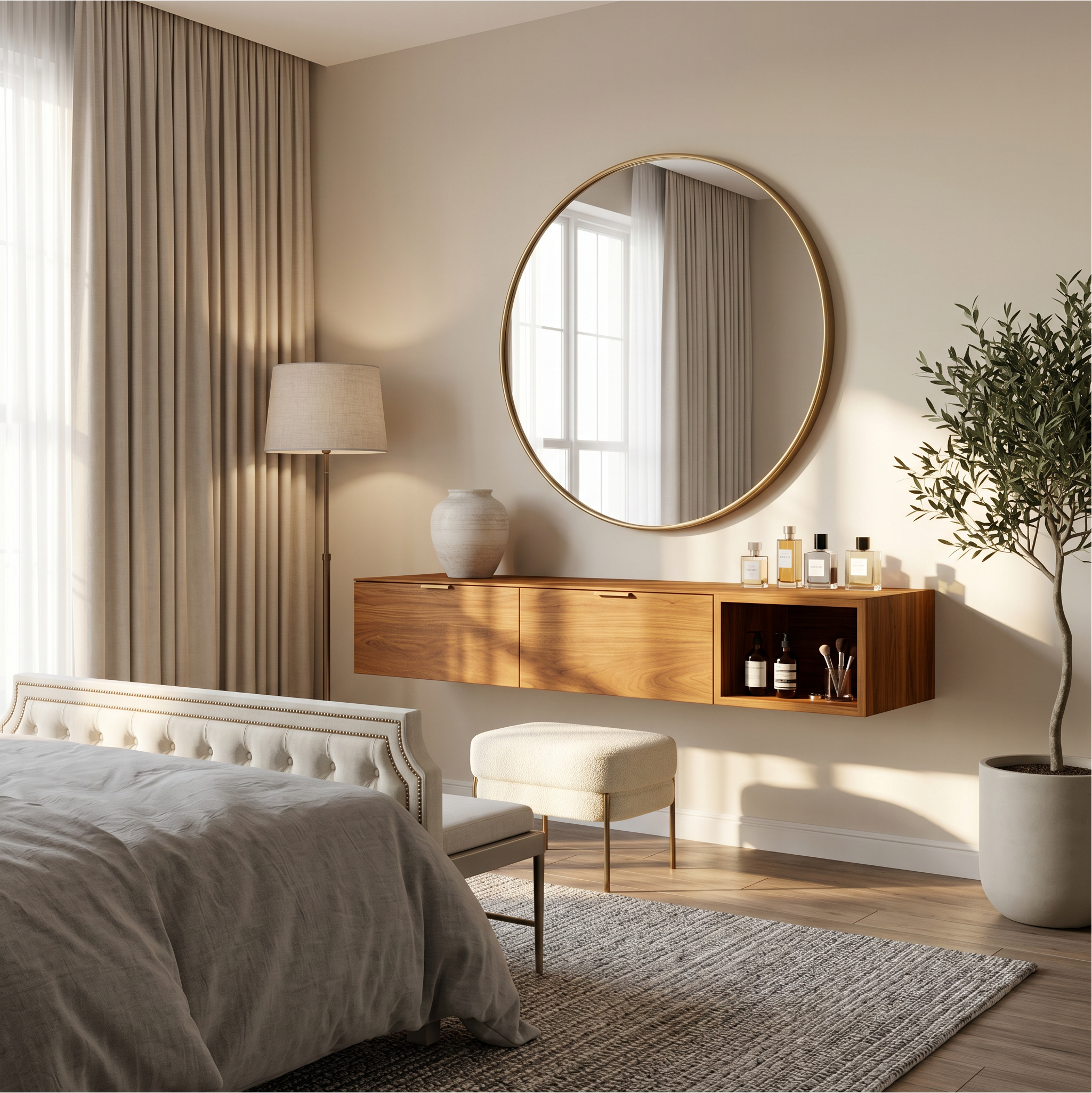 Modern Wall Mounted Dressing Table With Built In Storage For Bedroom