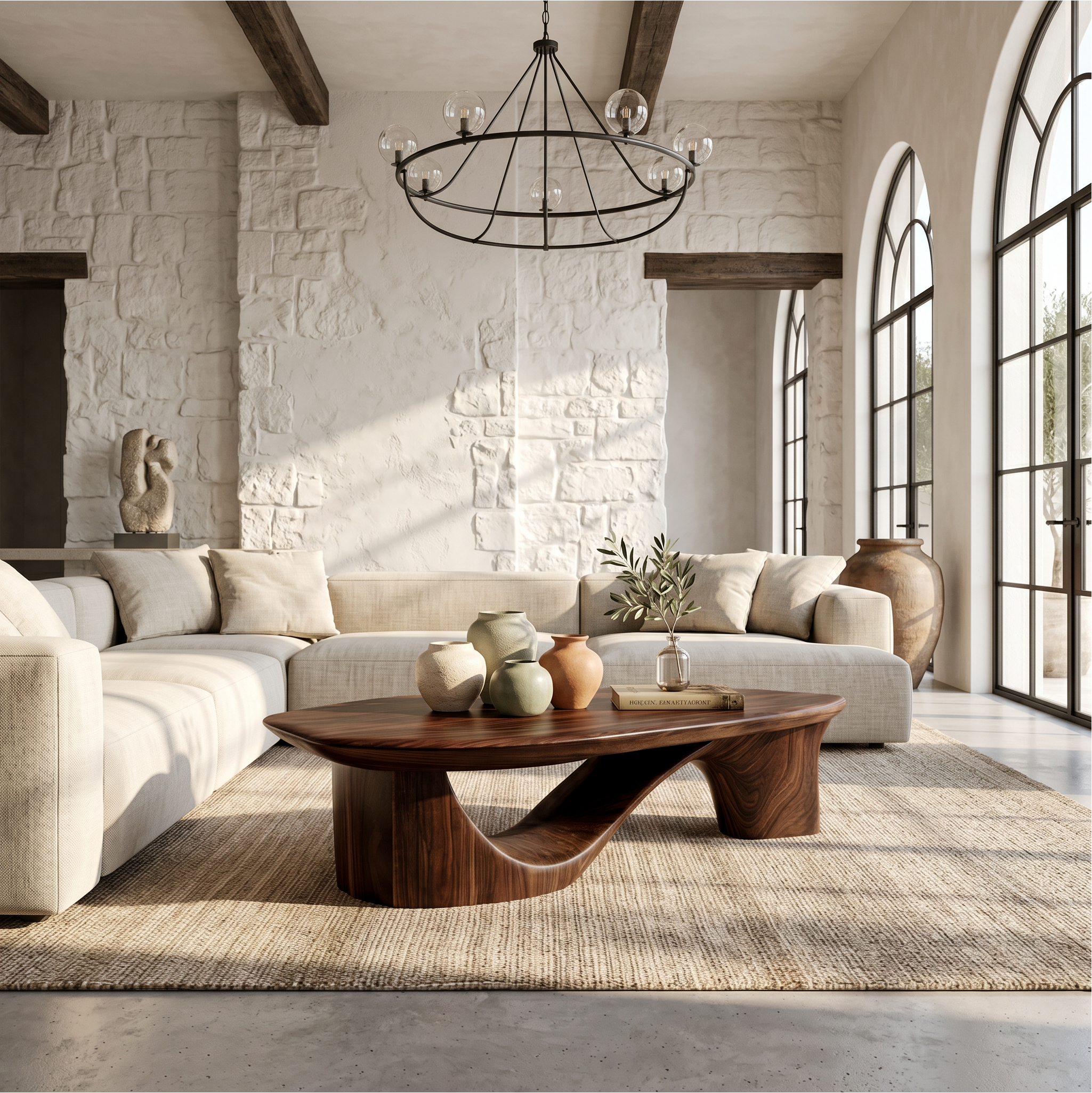 Contemporary Coffee Table With Sculptural Wooden Base For Living Room