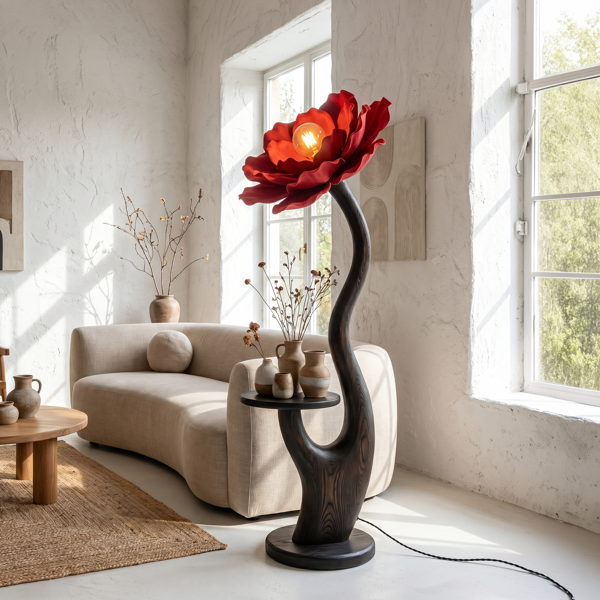 Organic Floor Lamp With Built In Bedside Table And Flower Shade For Living Room