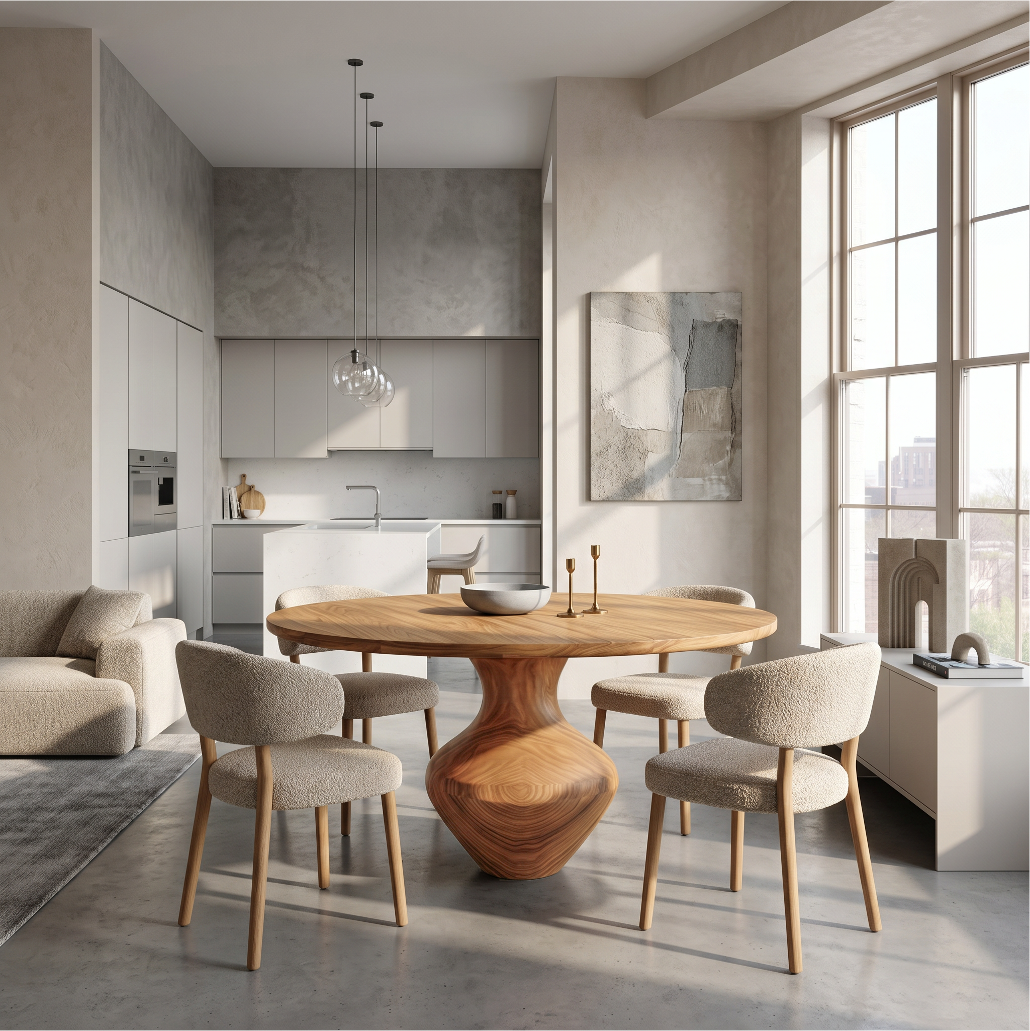 Rustic Dining Table With Sculptural Solid Wood Pedestal Base Farmhouse Round Dining Table With Sculptural Wooden Base For Kitchen