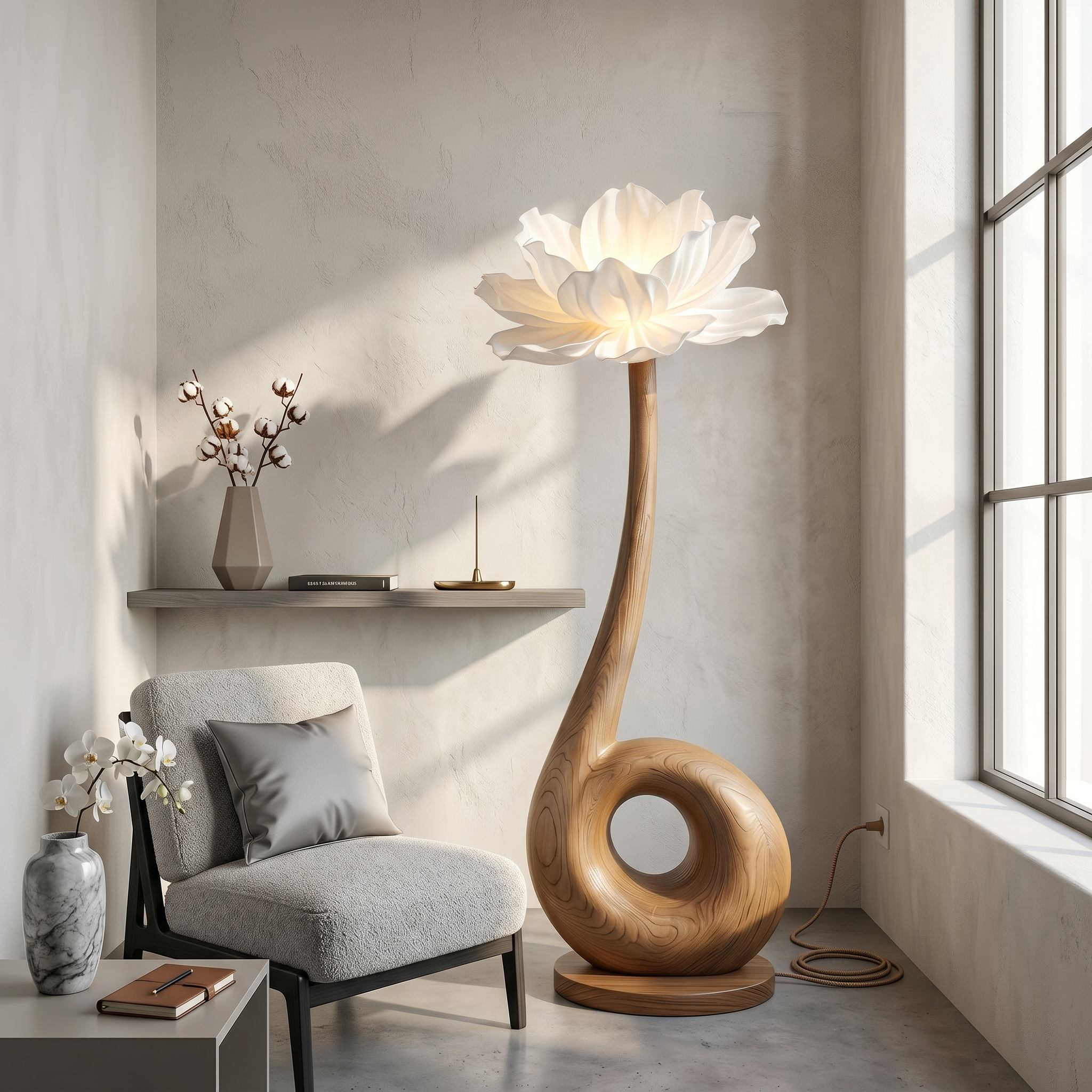Modern Floor Lamp With Sculptural Loop Base And Floral Shade For Living Room