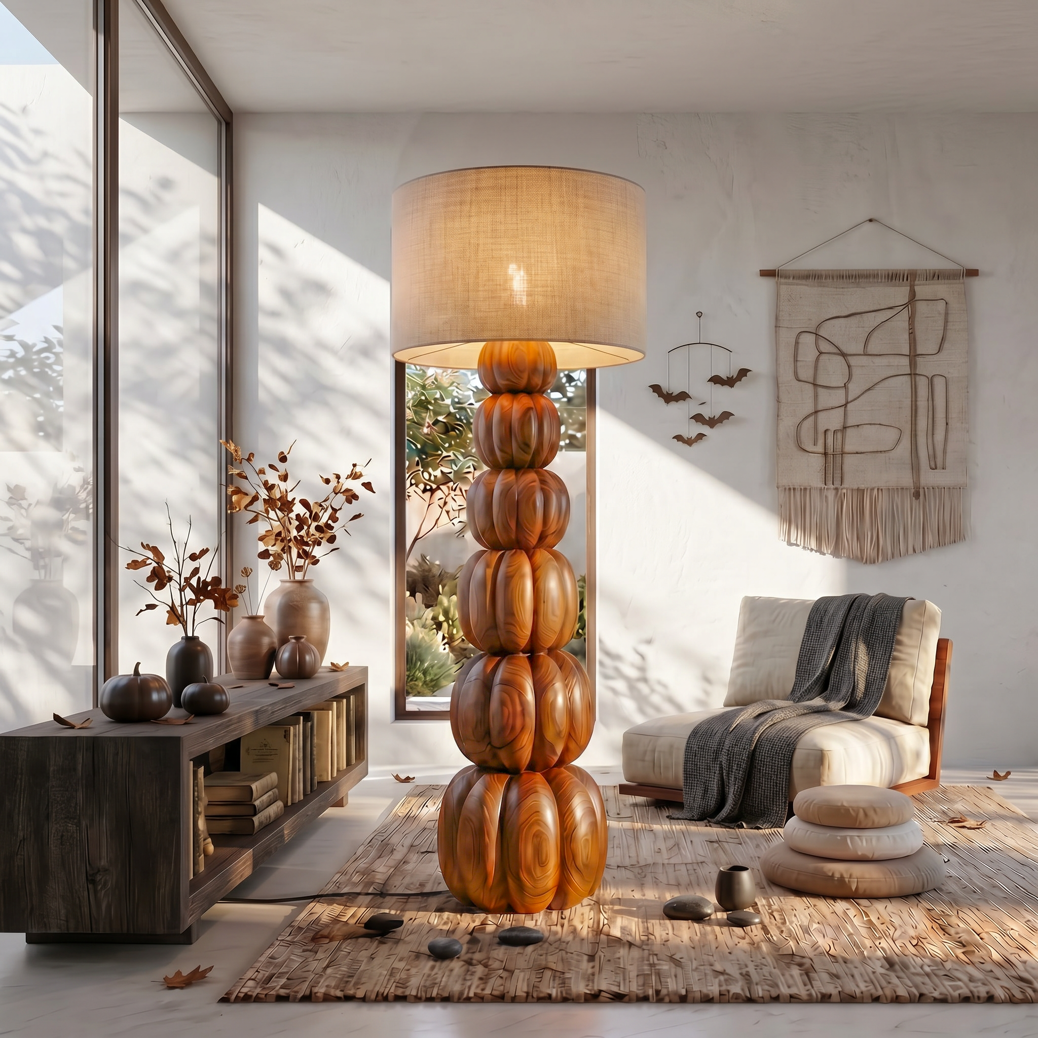 Rustic Floor Lamp With Stacked Pumpkin Wood Base For Living Room