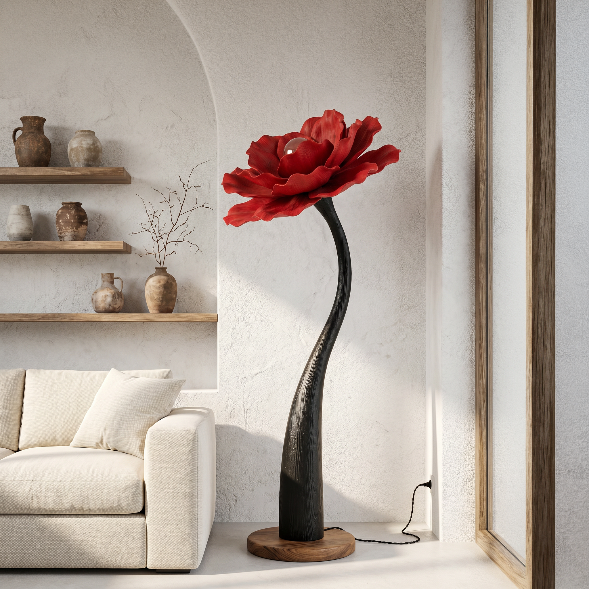 Sculptural Floor Lamp With Curved Stem And Floral Shade For Living Room