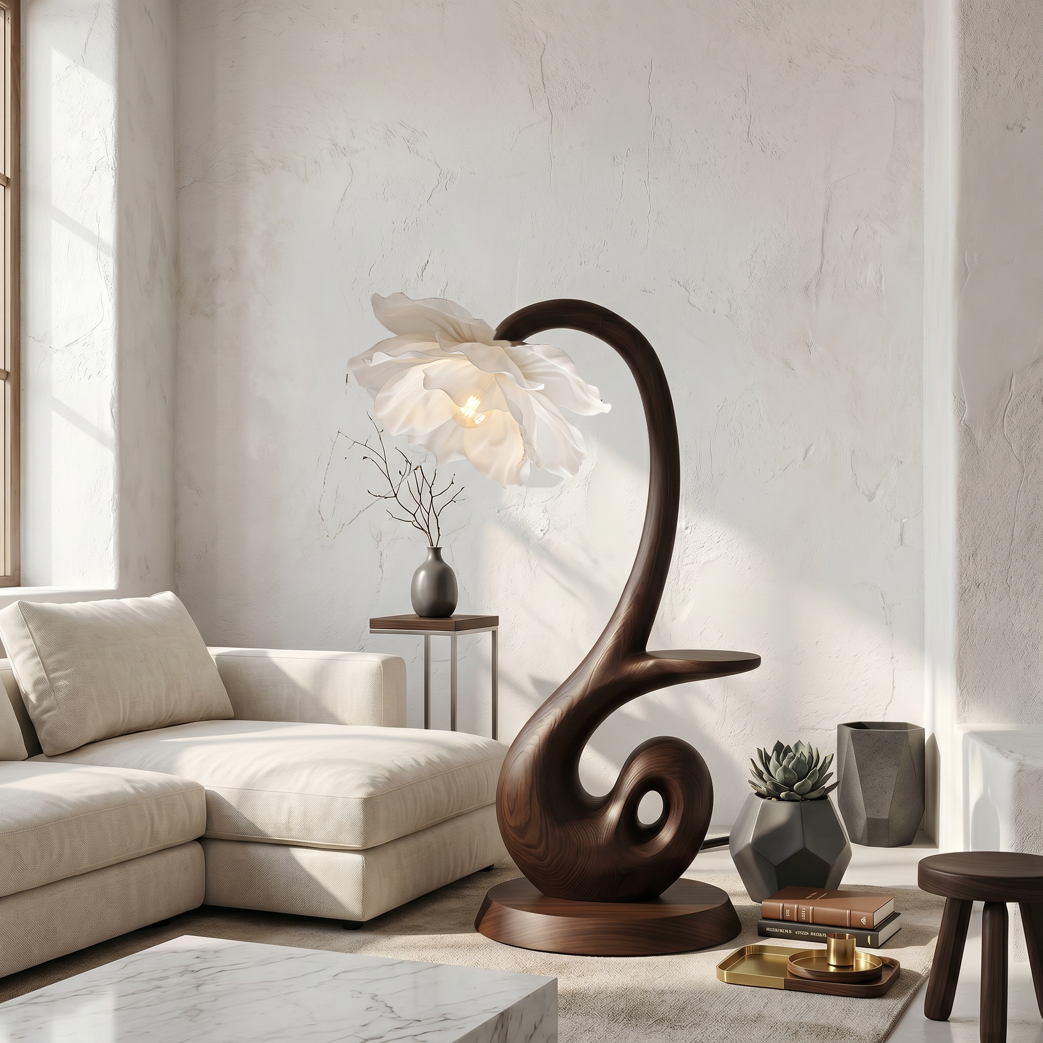 Nature Inspired Floor Lamp With Blooming Flower Shade And Display Shelf For Reading Nook
