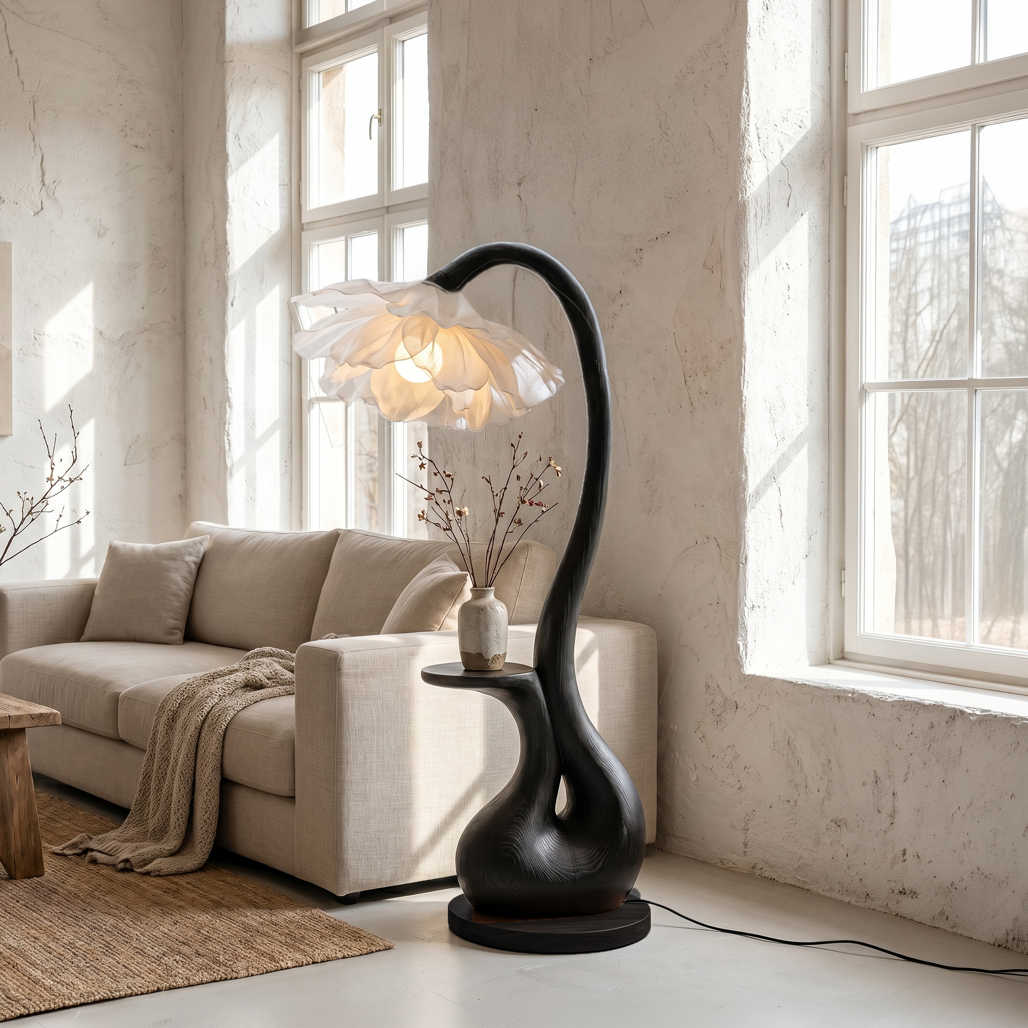 Modern Floor Lamp With Sculptural Curved Base And Display Shelf For Living Room