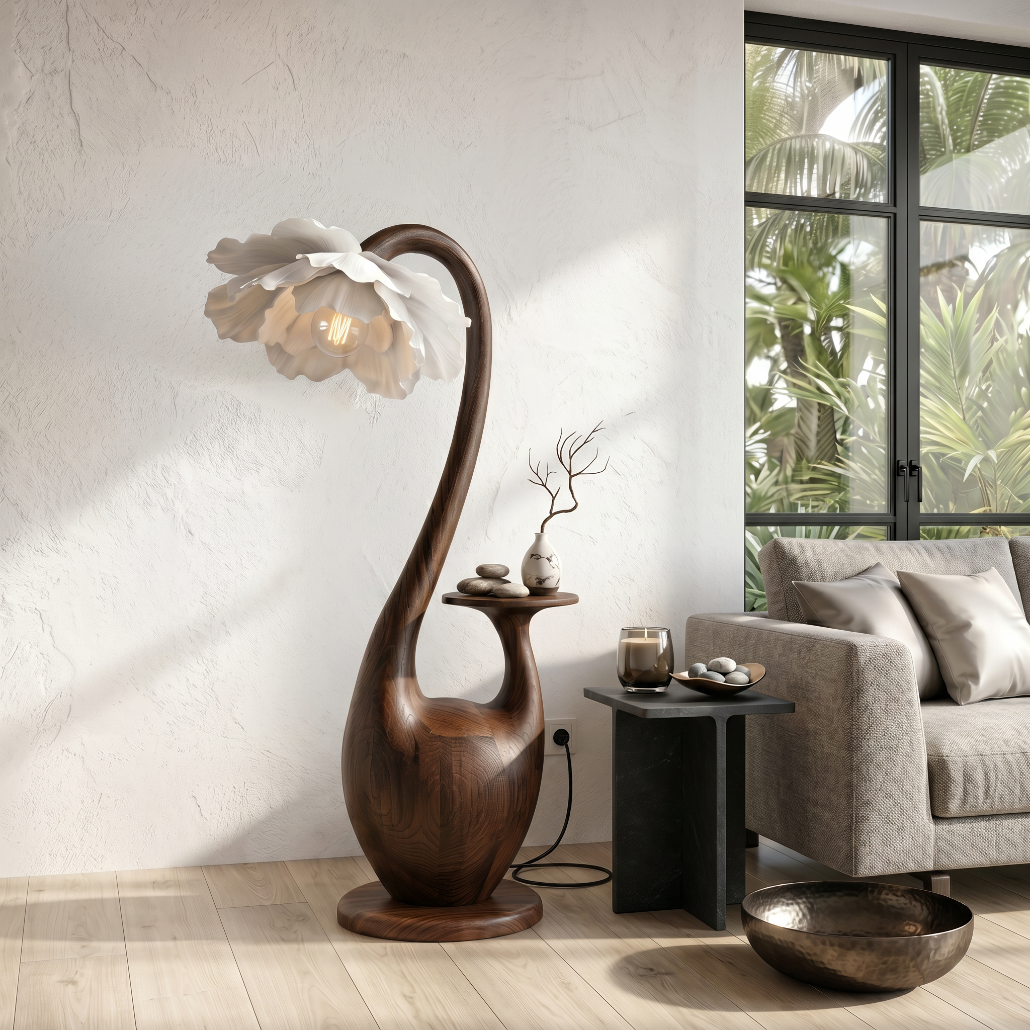 Artistic Floor Lamp With Sculptural Organic Base And Integrated Shelf For Reading Nook