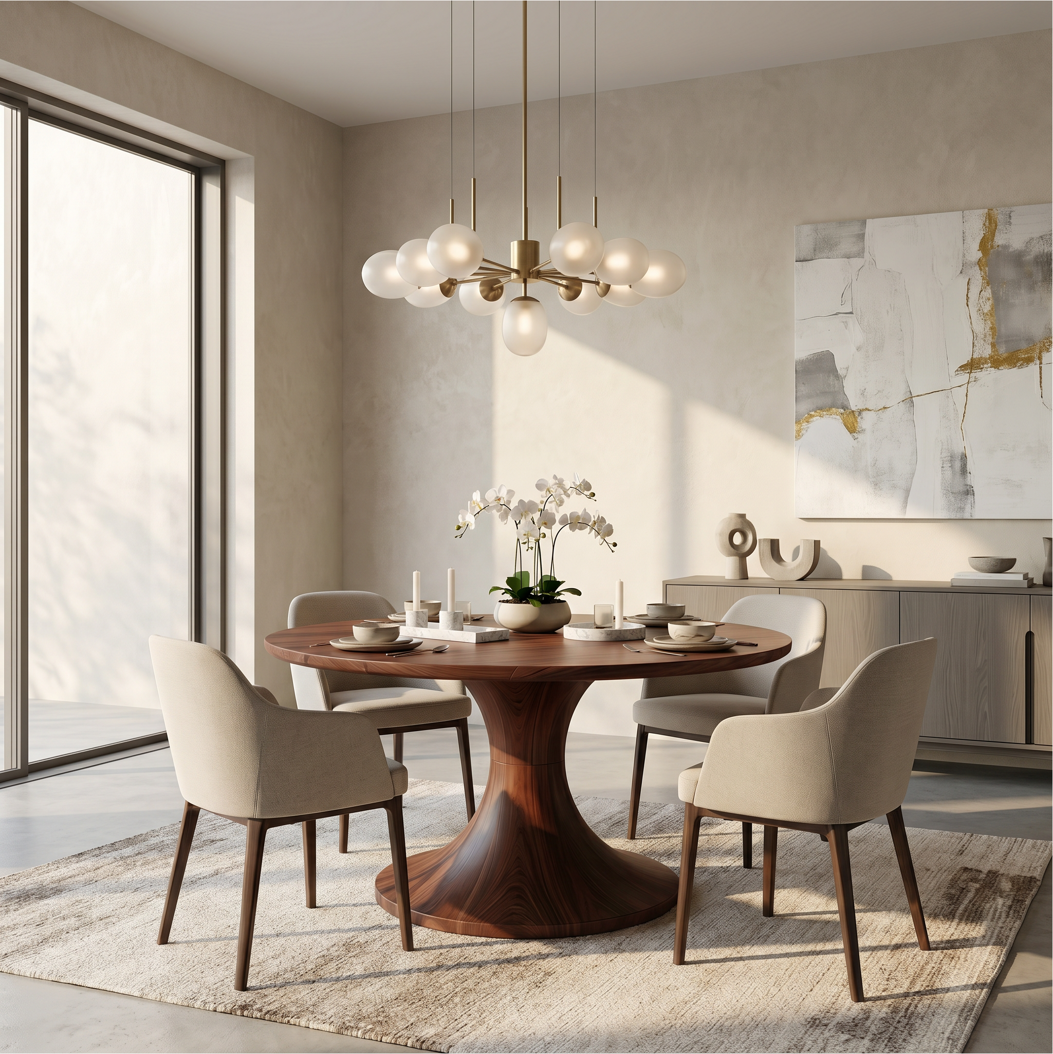 Contemporary Dining Table With Handcrafted Solid Wood Pedestal For Kitchen