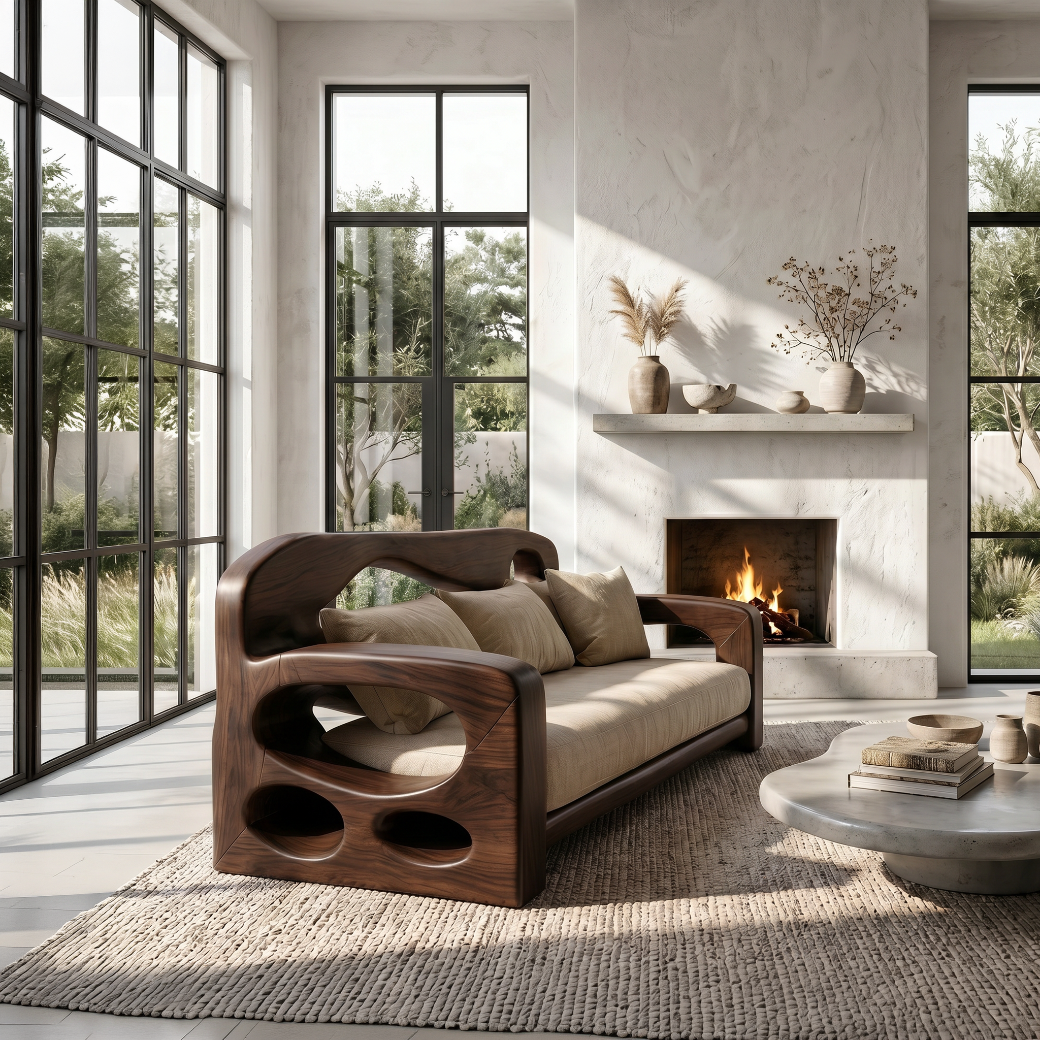 Modern Sofa Frame With Sculptural Solid Wood Armrests For Living Room