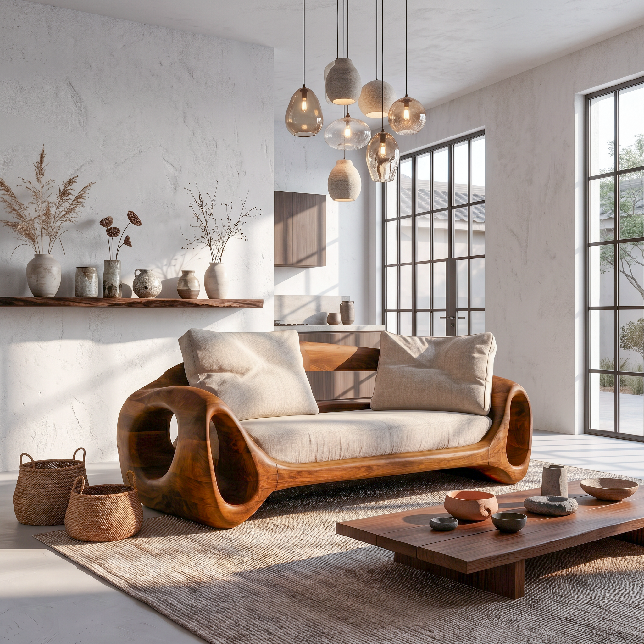 Organic Sofa Frame With Sculptural Circular Armrests For Living Room