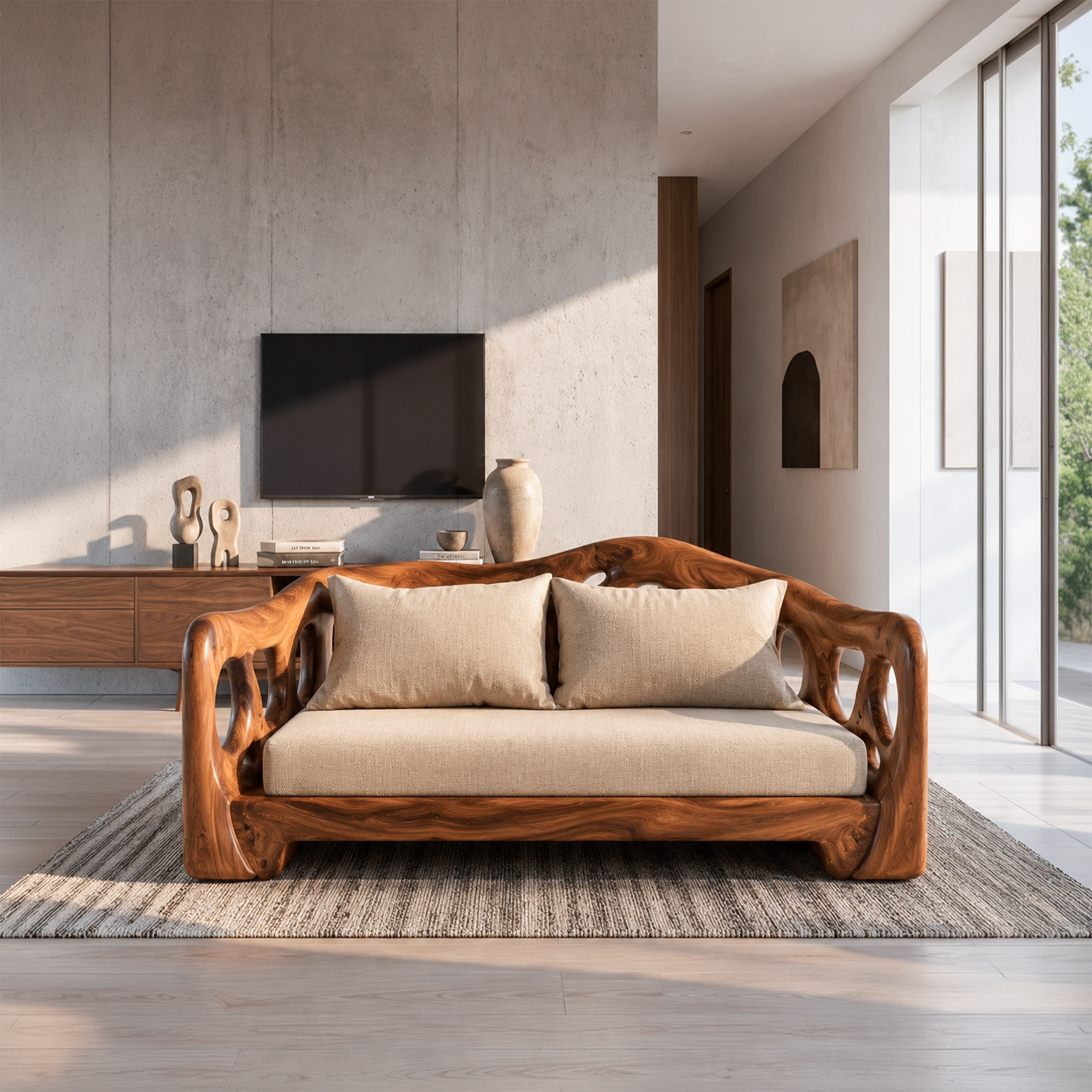 Modern Sofa With Sculptural Solid Wood For Living Room