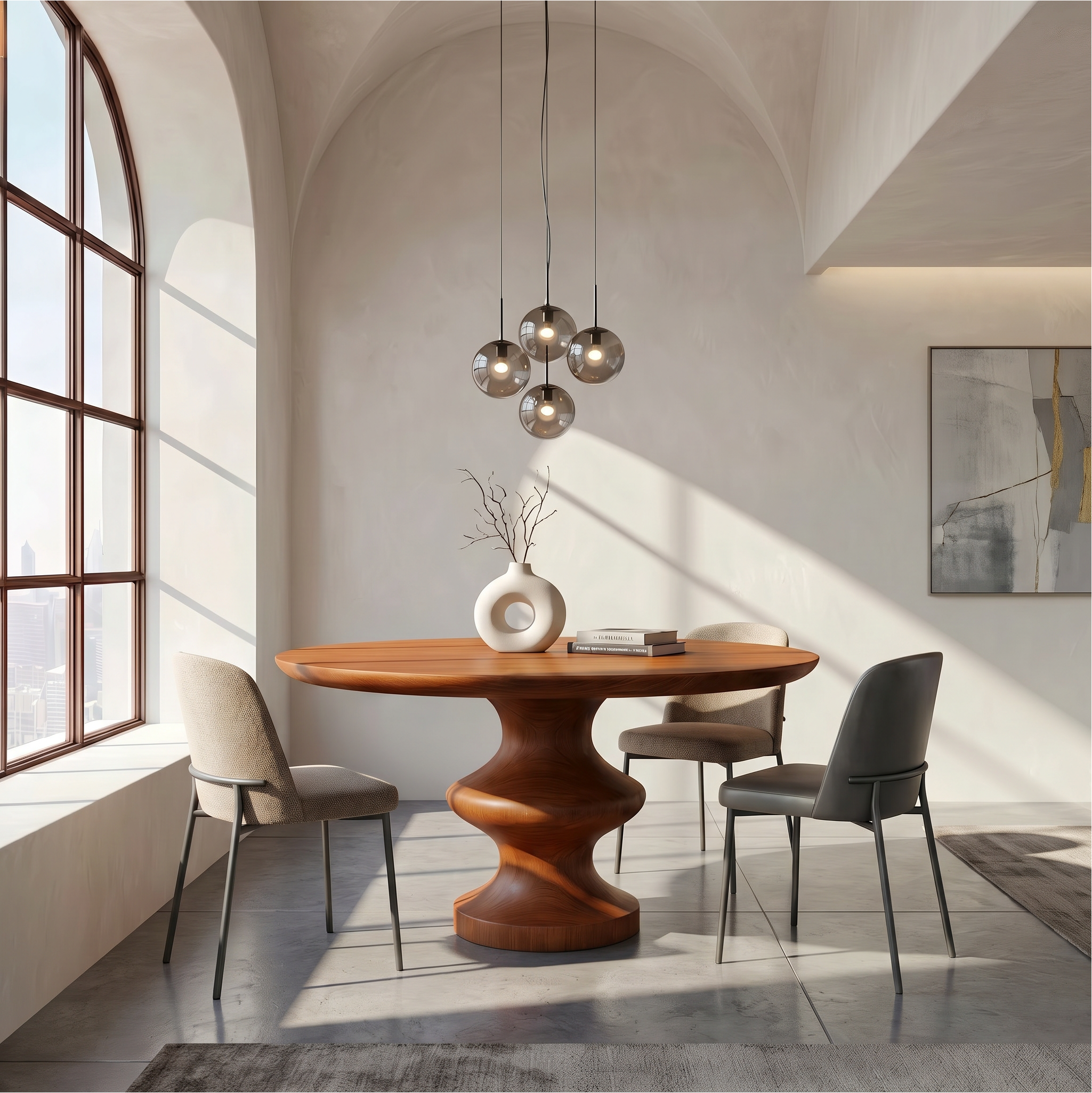 Modern Pedestal Dining Table With Sculptural Solid Wood Base For Dining Room
