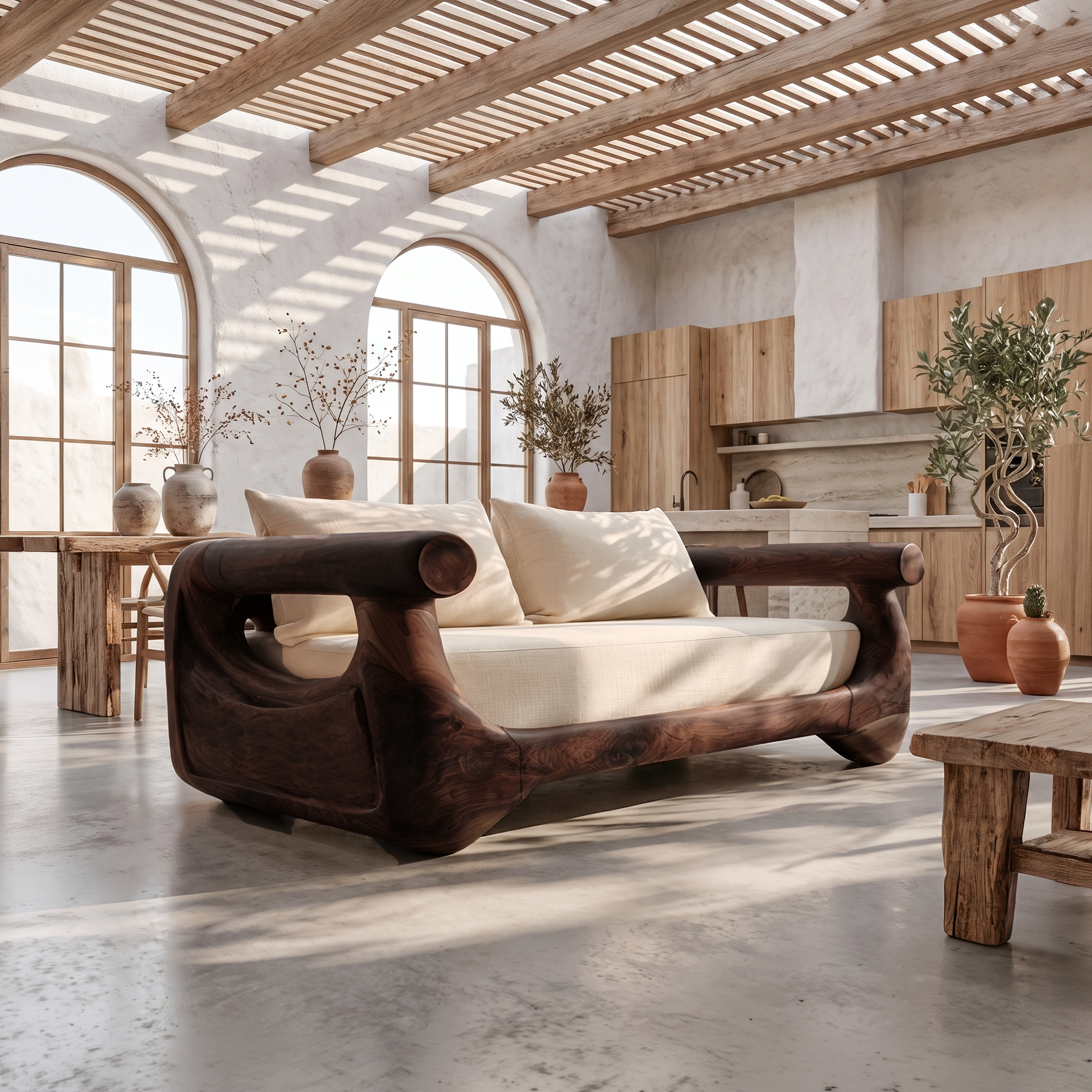 Modern Sofa With Sculptural Perforated Wood Frame For Living Room