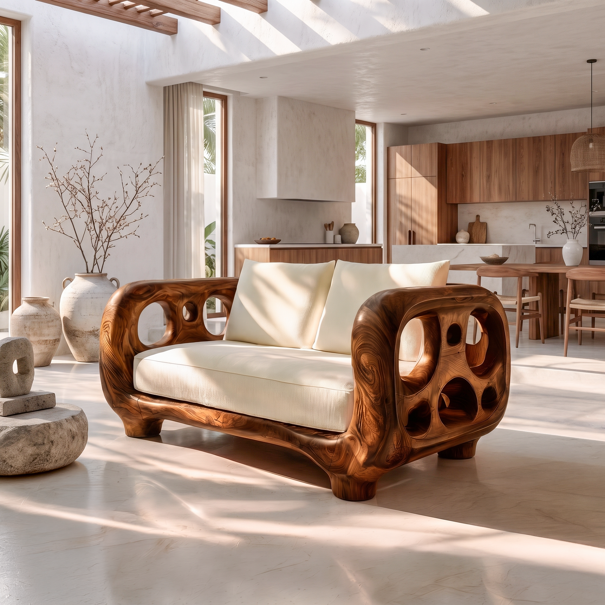 Modern Accent Sofa Frame With Rounded Wooden Arms For Living Room