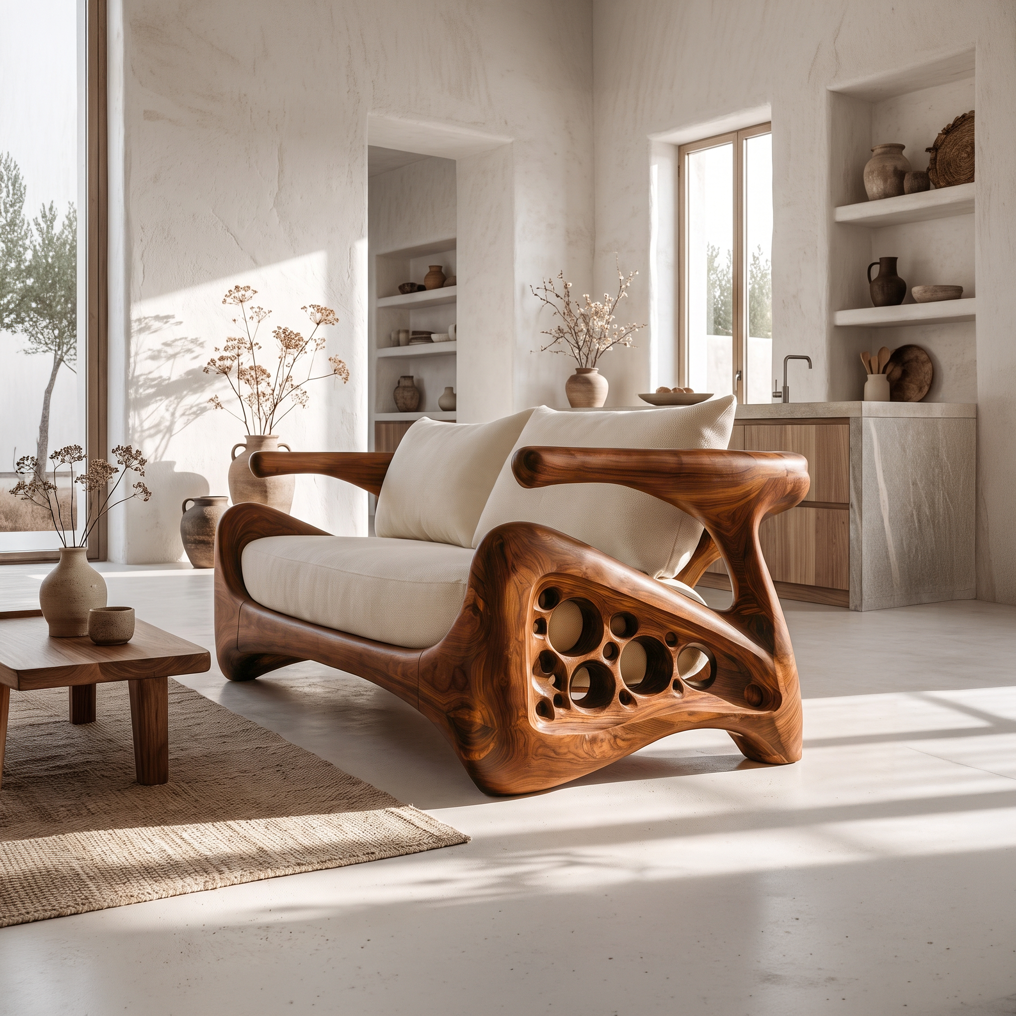 Natural Sofa Frame With Bold Sculptural Armrests For Living Room