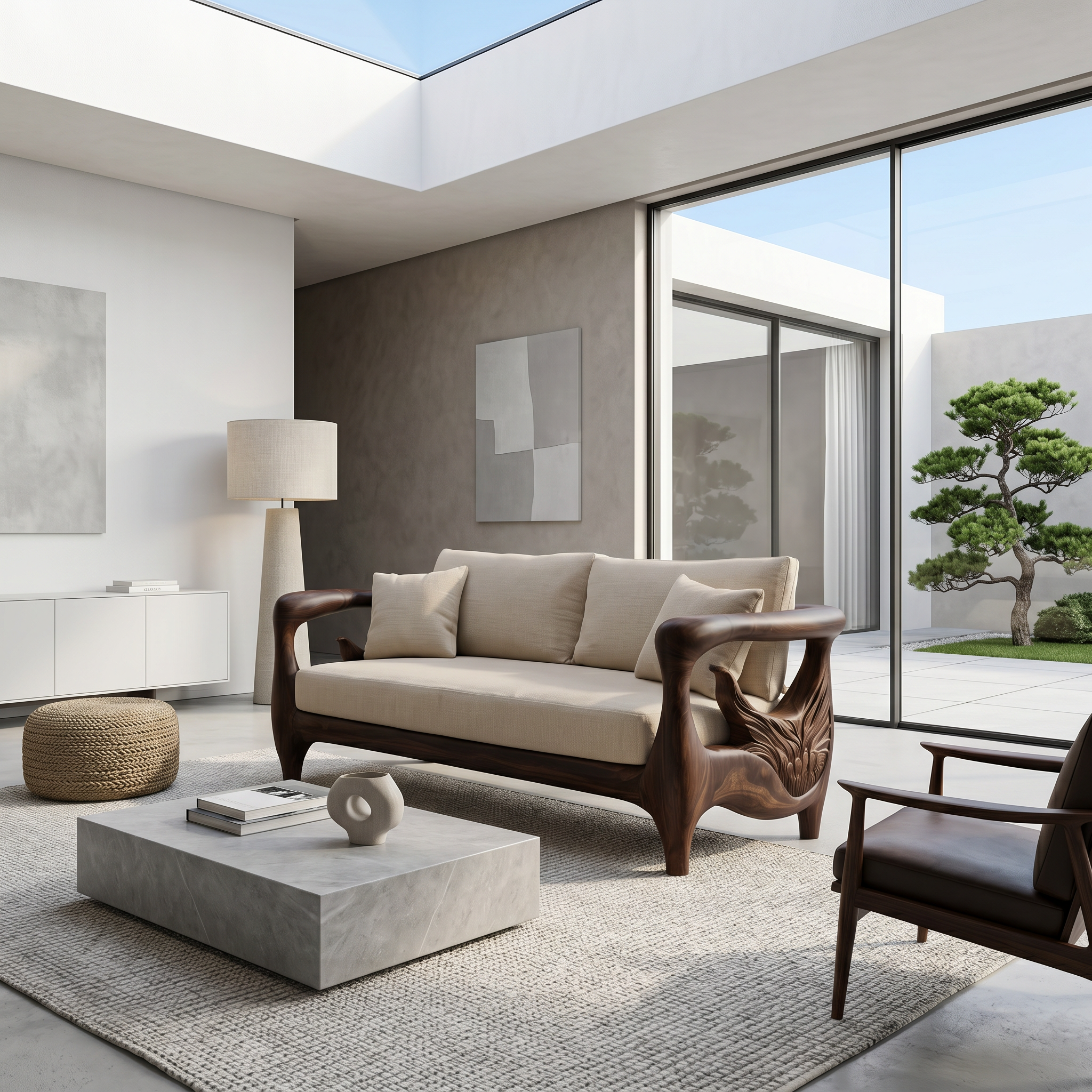 Nature Inspired Sofa Frame With Handcrafted Wheel Armrests For Living Room