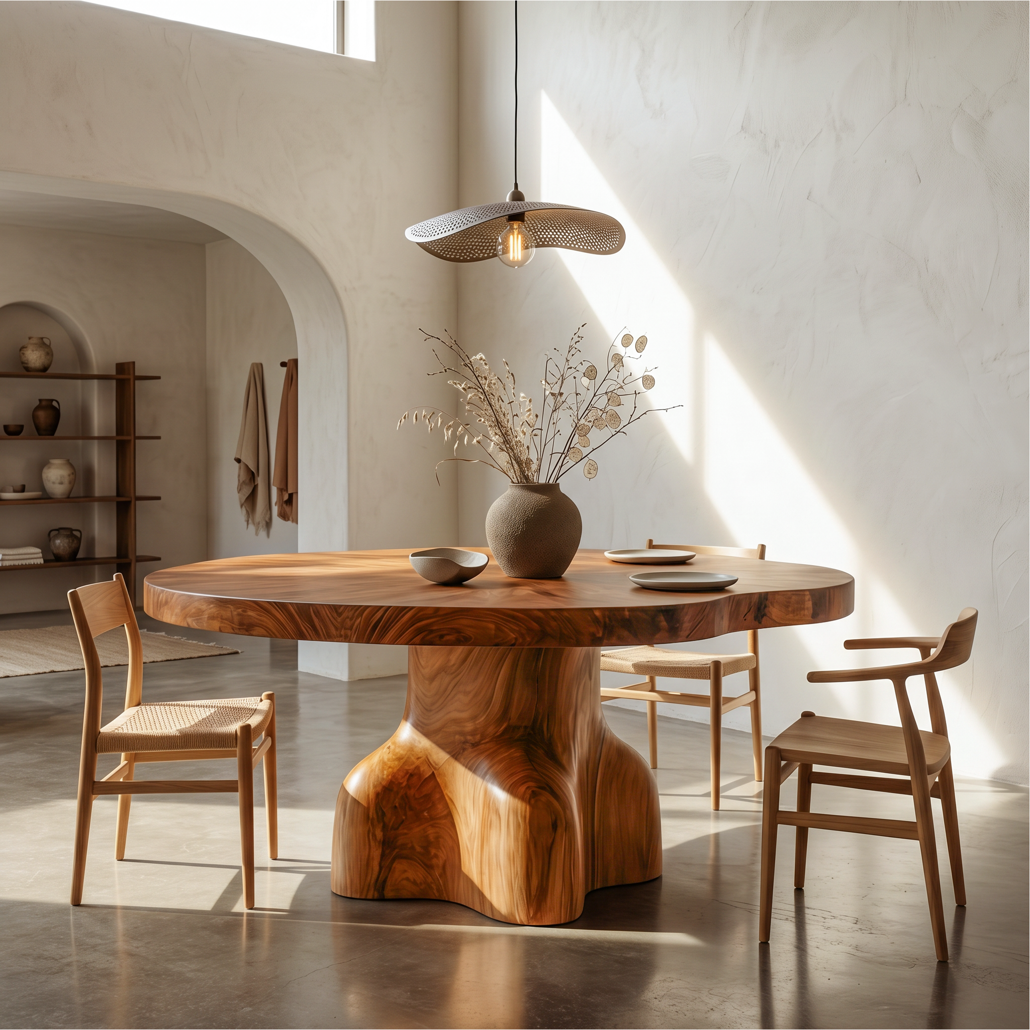 Contemporary Round Dining Table With Sculptural Solid Wood Pedestal For Dining Room