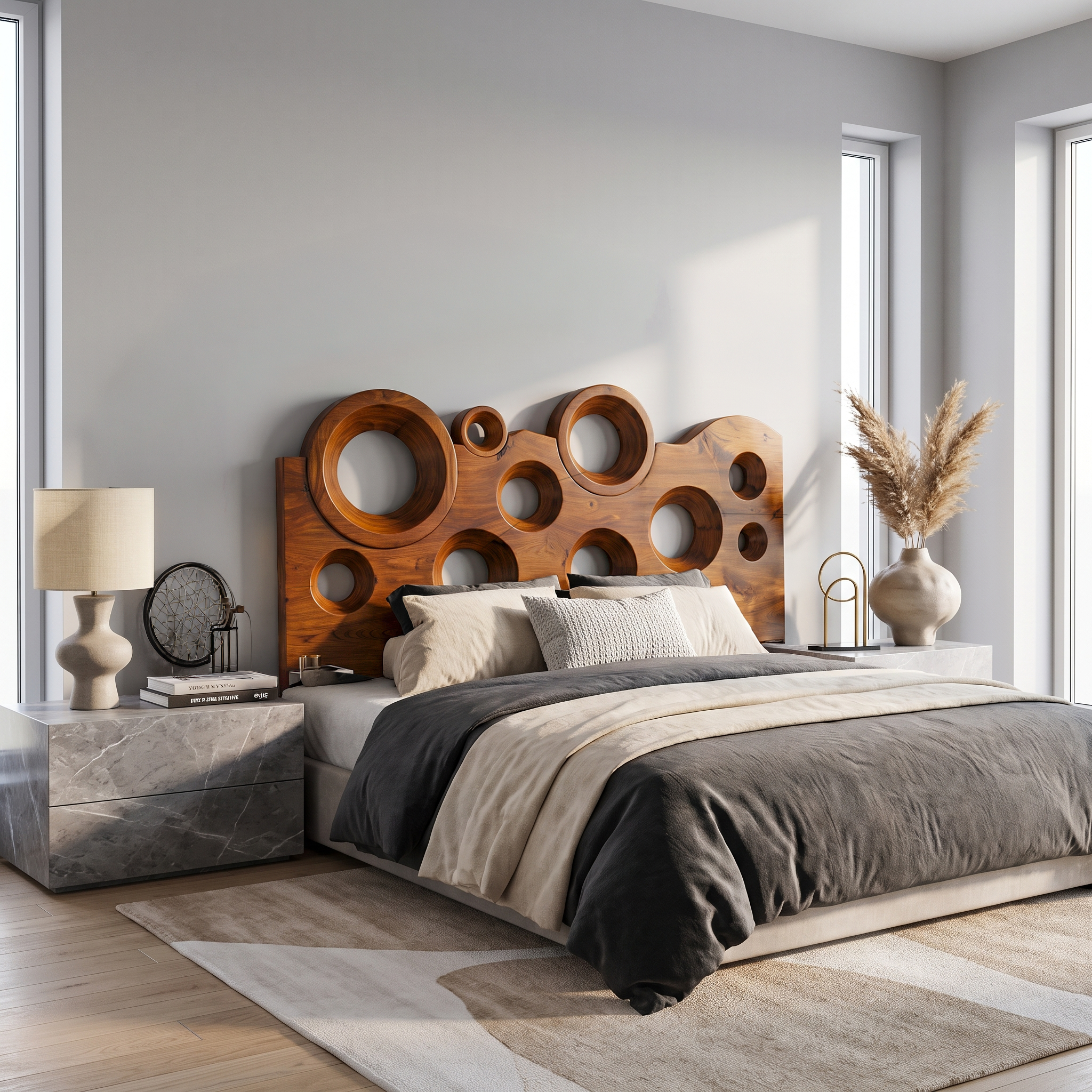 Modern Circular Cutout Headboard Solid Wood Bed Headboard For Bedroom