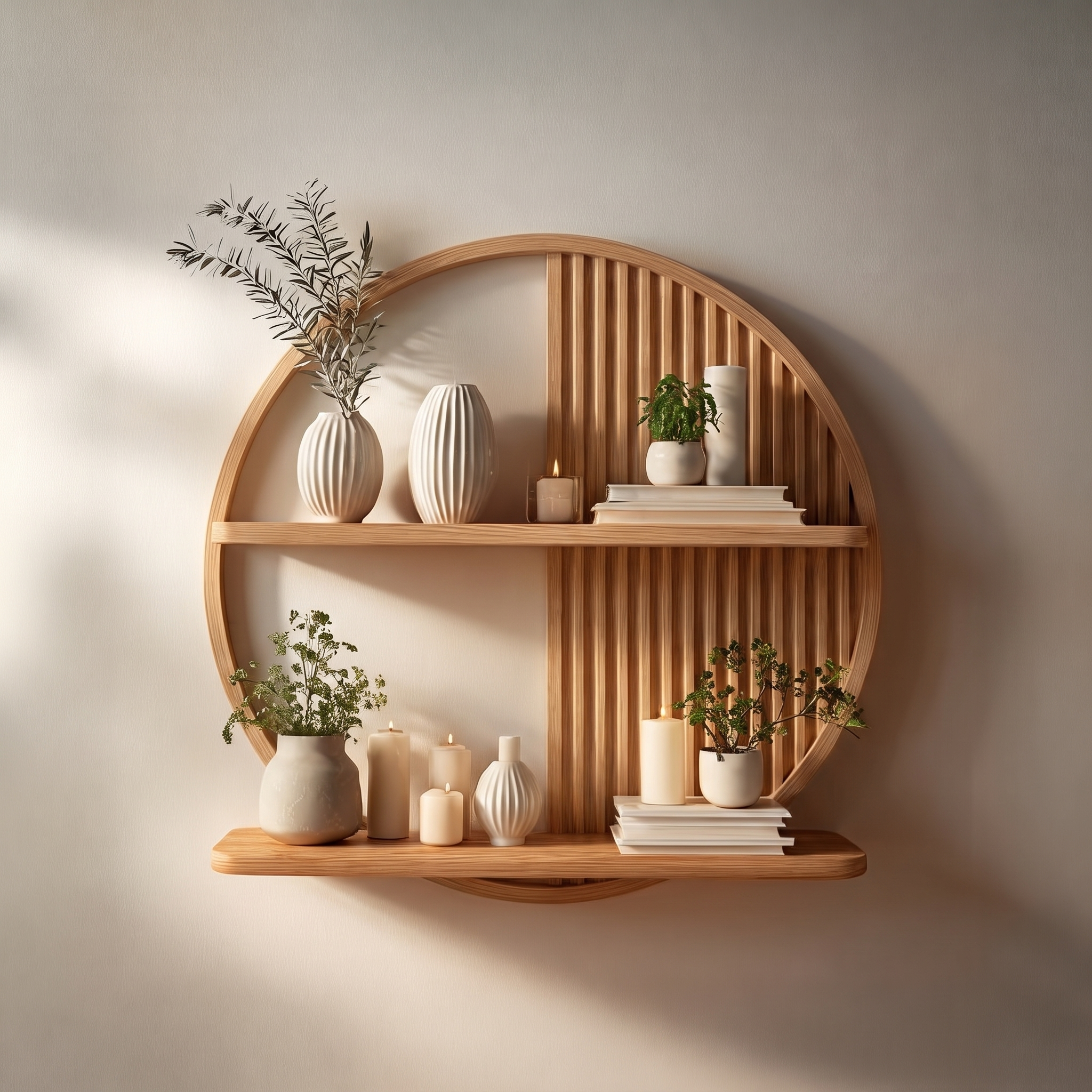 Contemporary Round Solid Wood Wall Shelf Living Room Decor