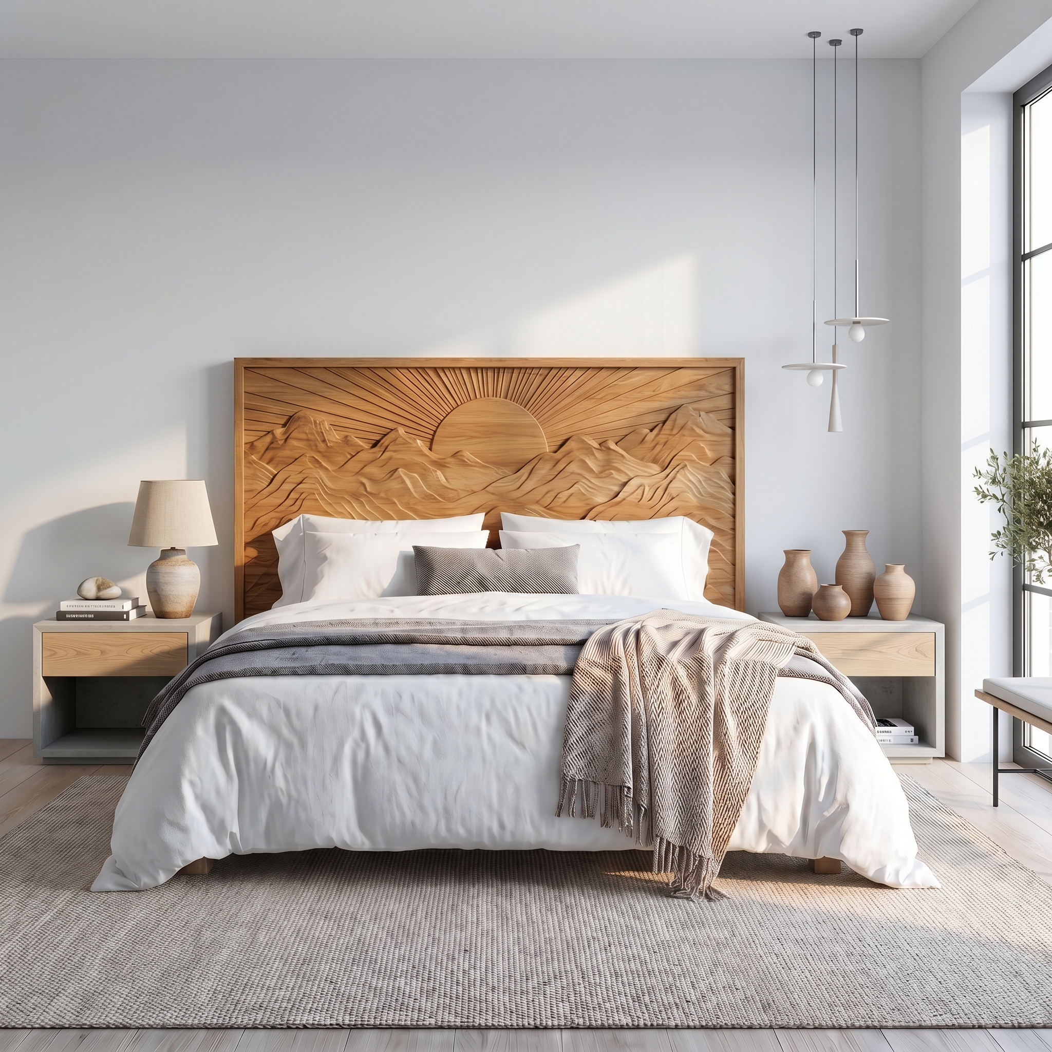 Mid Century Sunrise Headboard Wooden Bed Headboard For Bedroom