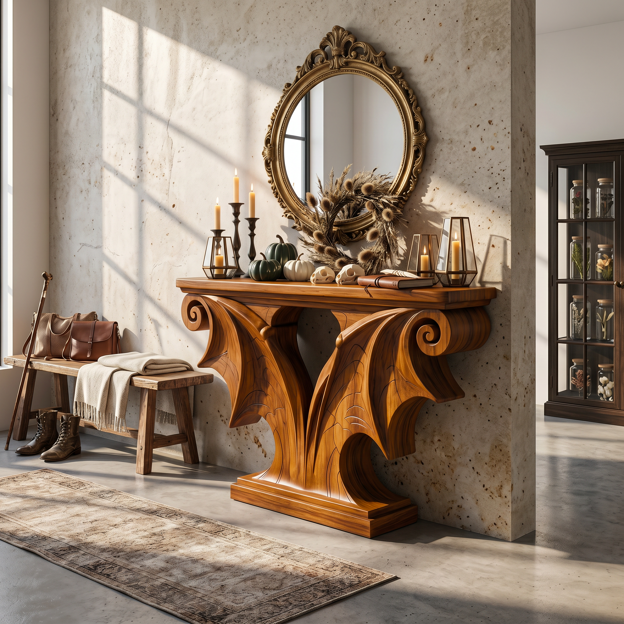 Sculptural Console Table Handcrafted Solid Wood Design For Entryway Living Room