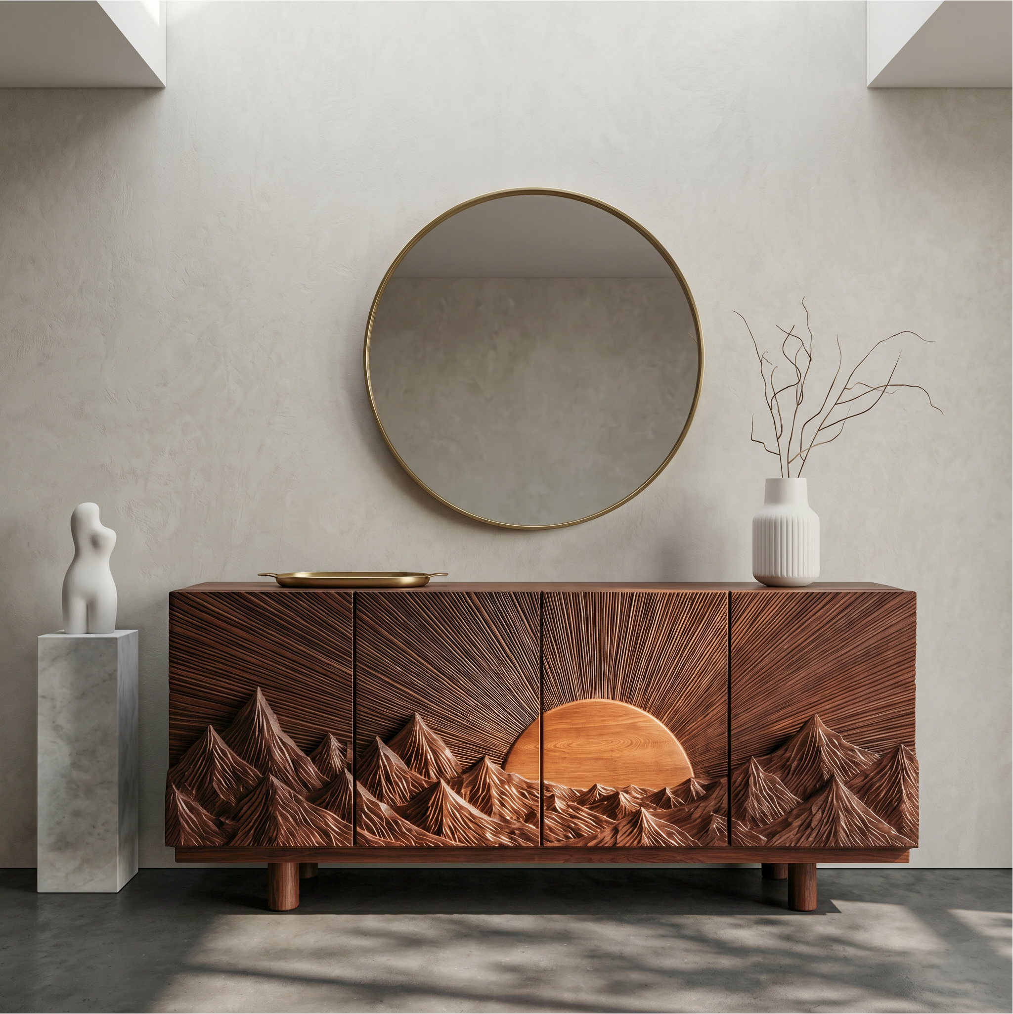 Rustic Mountain Sunrise Sideboard With Carved Wood Doors For Living Room