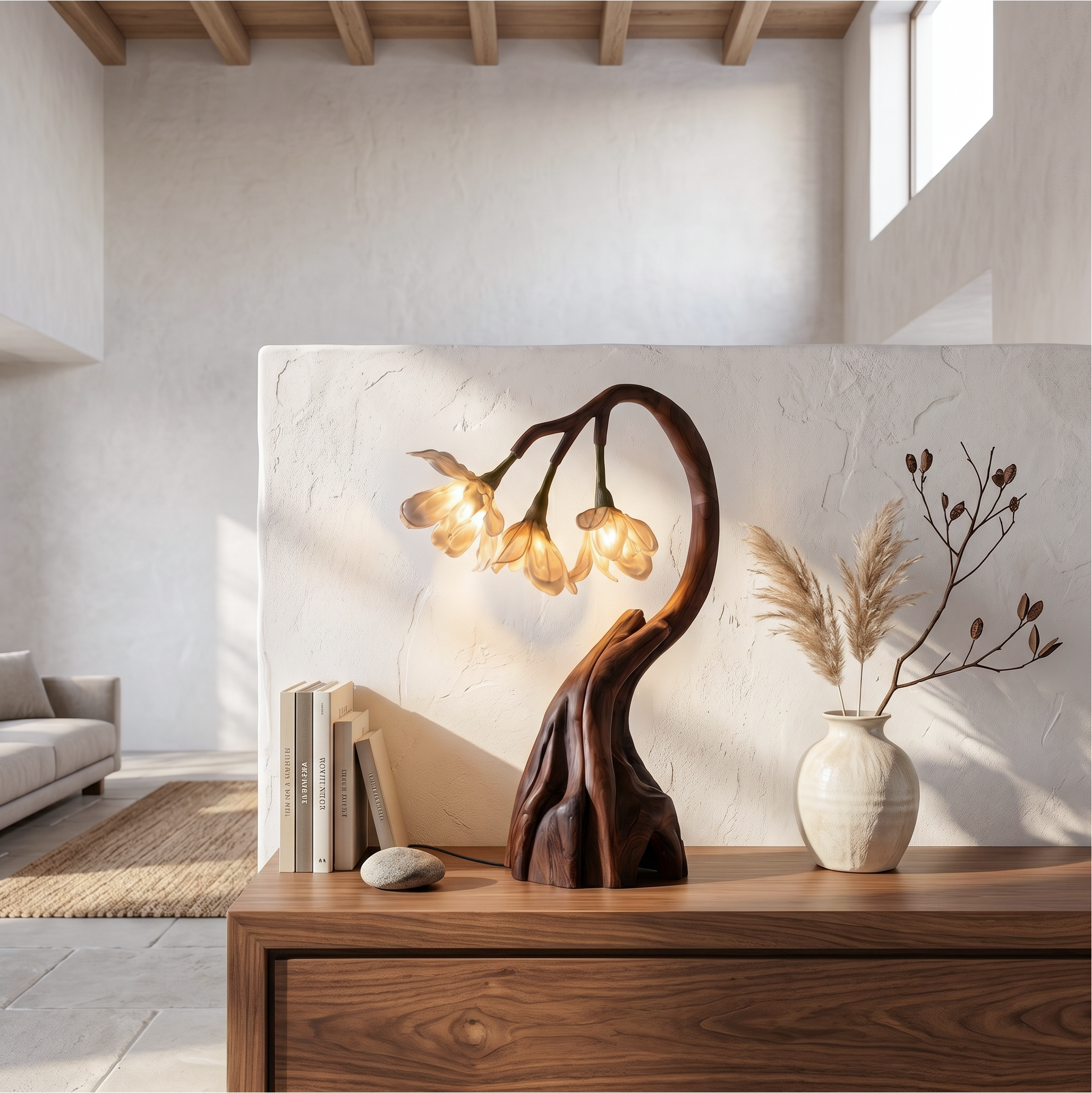 Rustic Tree Branch Table Lamp With Sculptural Wood Base For Living Room And Bedroom