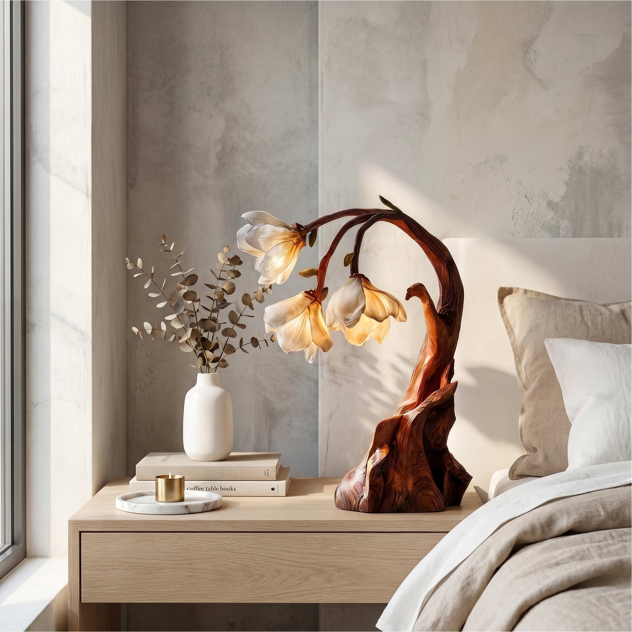Contemporary Floral Table Lamp With Sculptural Solid Wood Base For Bedroom And Living Room