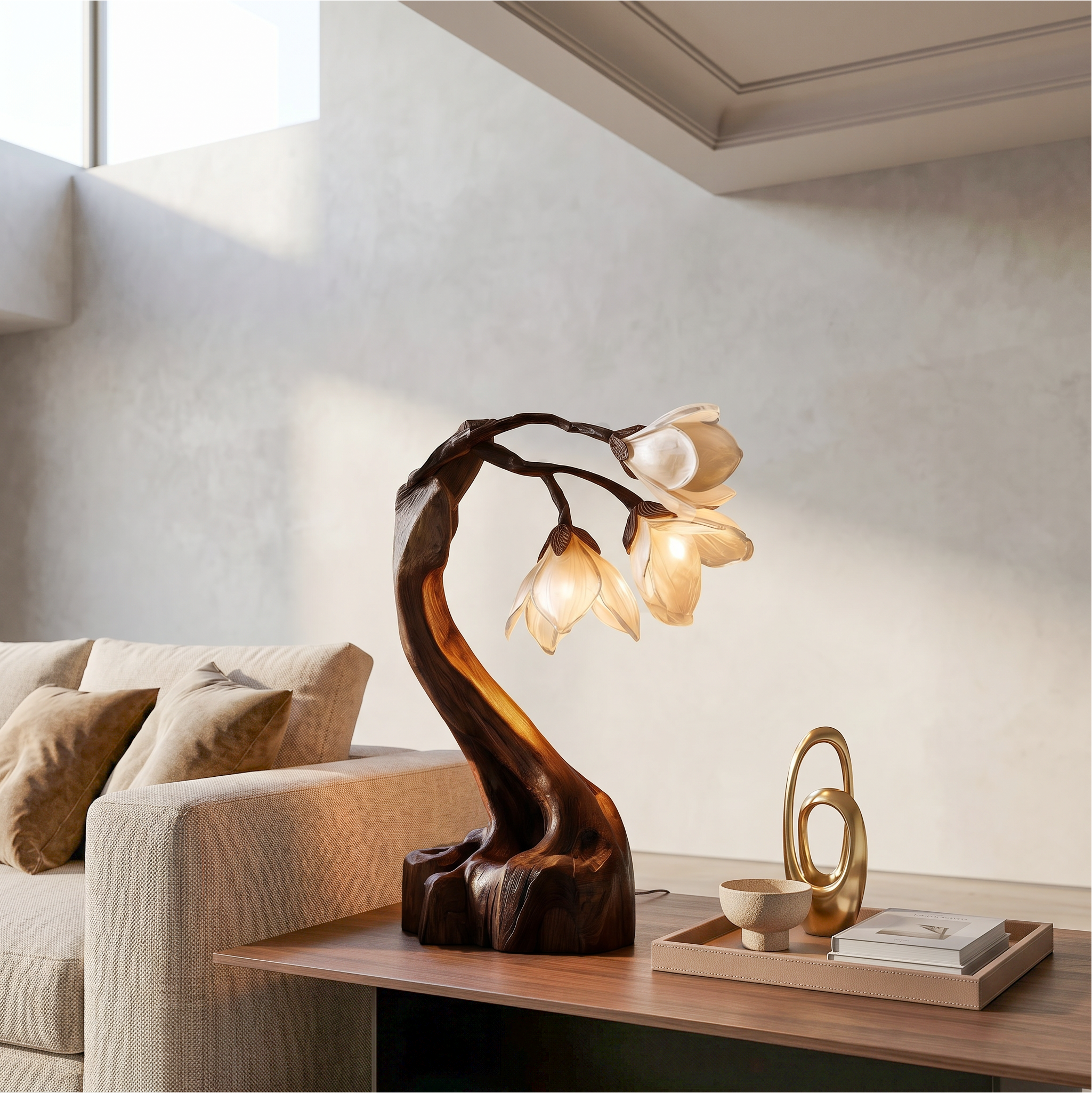 Organic Floral Table Lamp With Sculptural Wood Base For Bedroom And Living Room