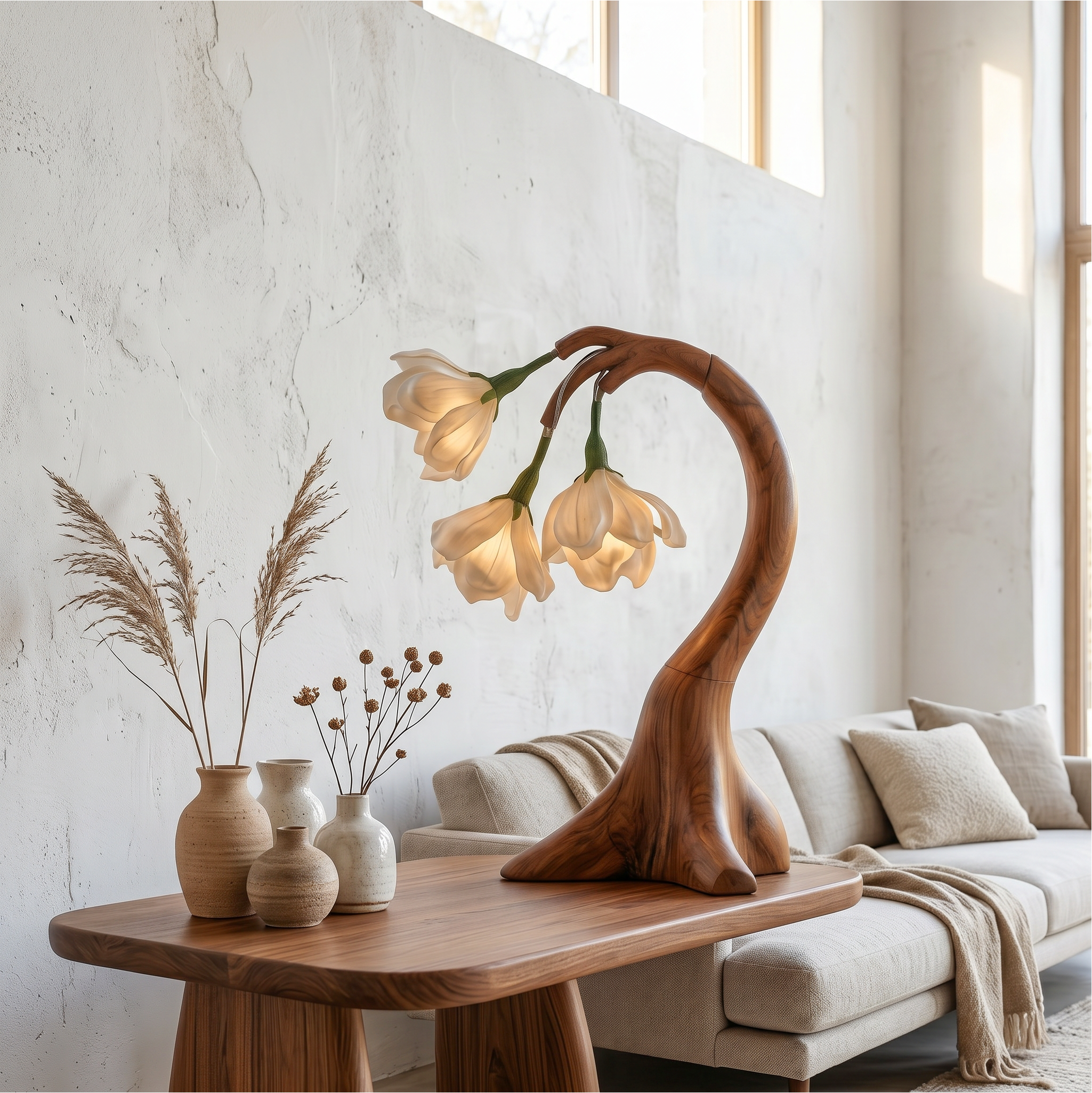 Modern Floral Table Lamp With Sculptural Curved Wood Base For Bedroom And Living Room