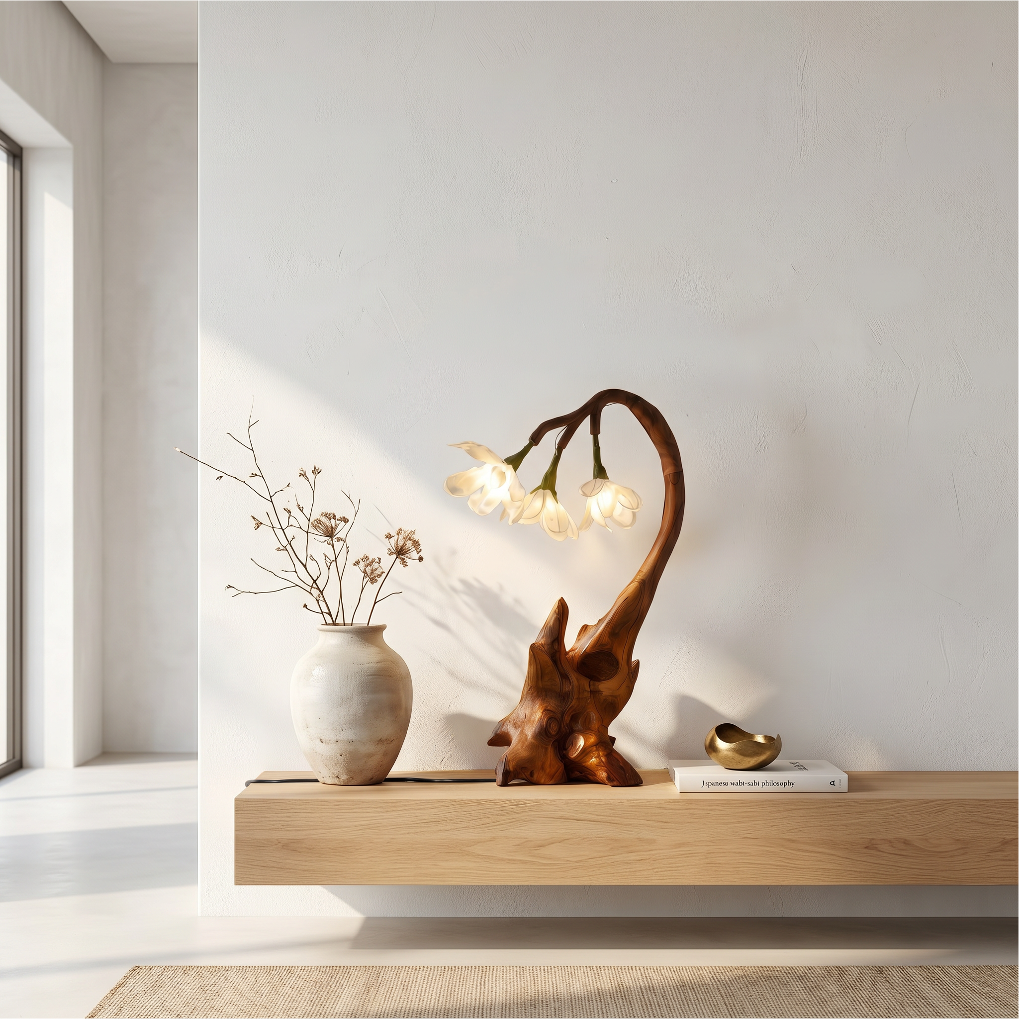 Contemporary Floral Table Lamp With Sculptural Wood Base For Bedroom And Living Room