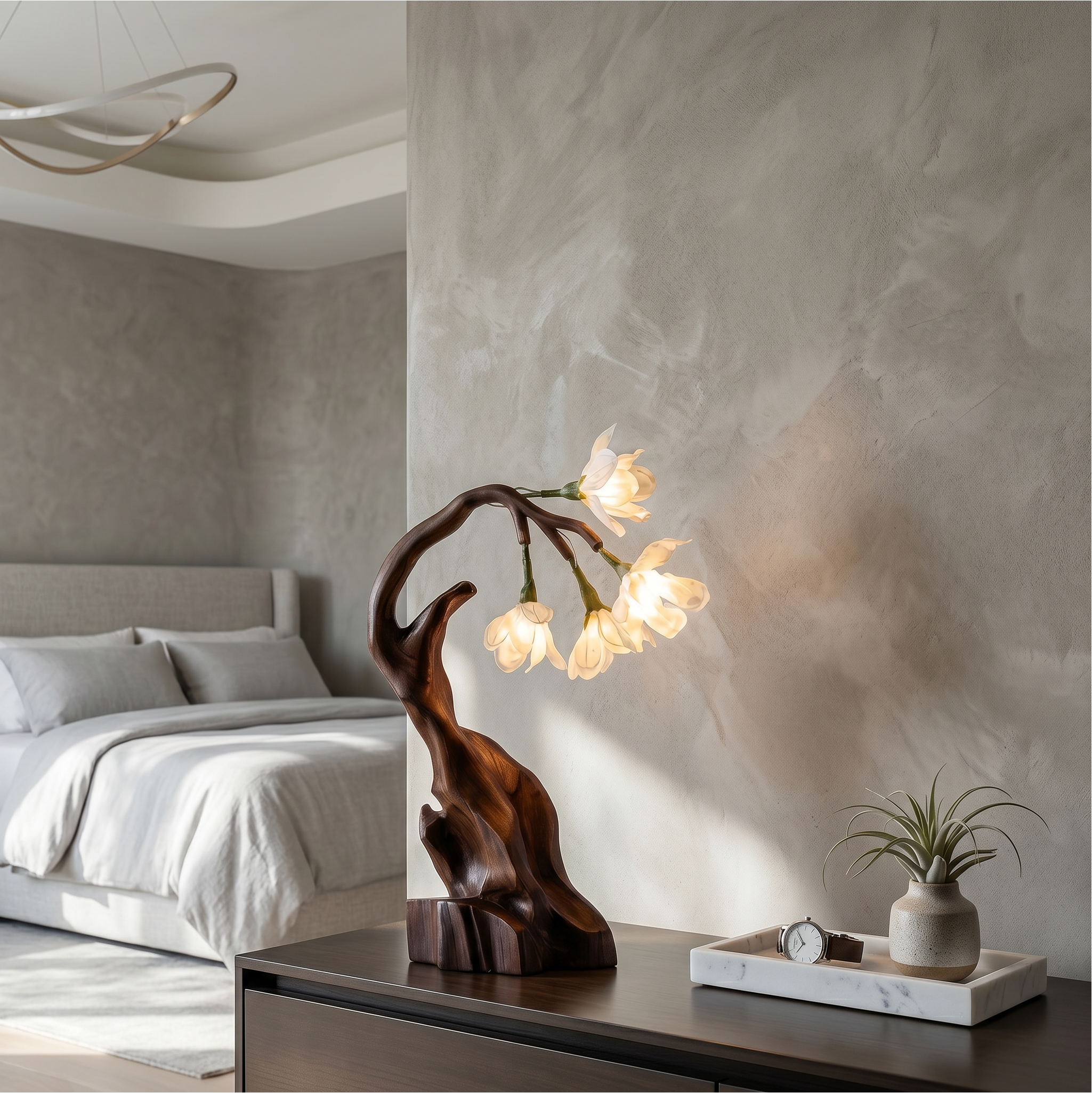Luxury Floral Table Lamp With Sculptural Driftwood Base For Bedroom And Living Room