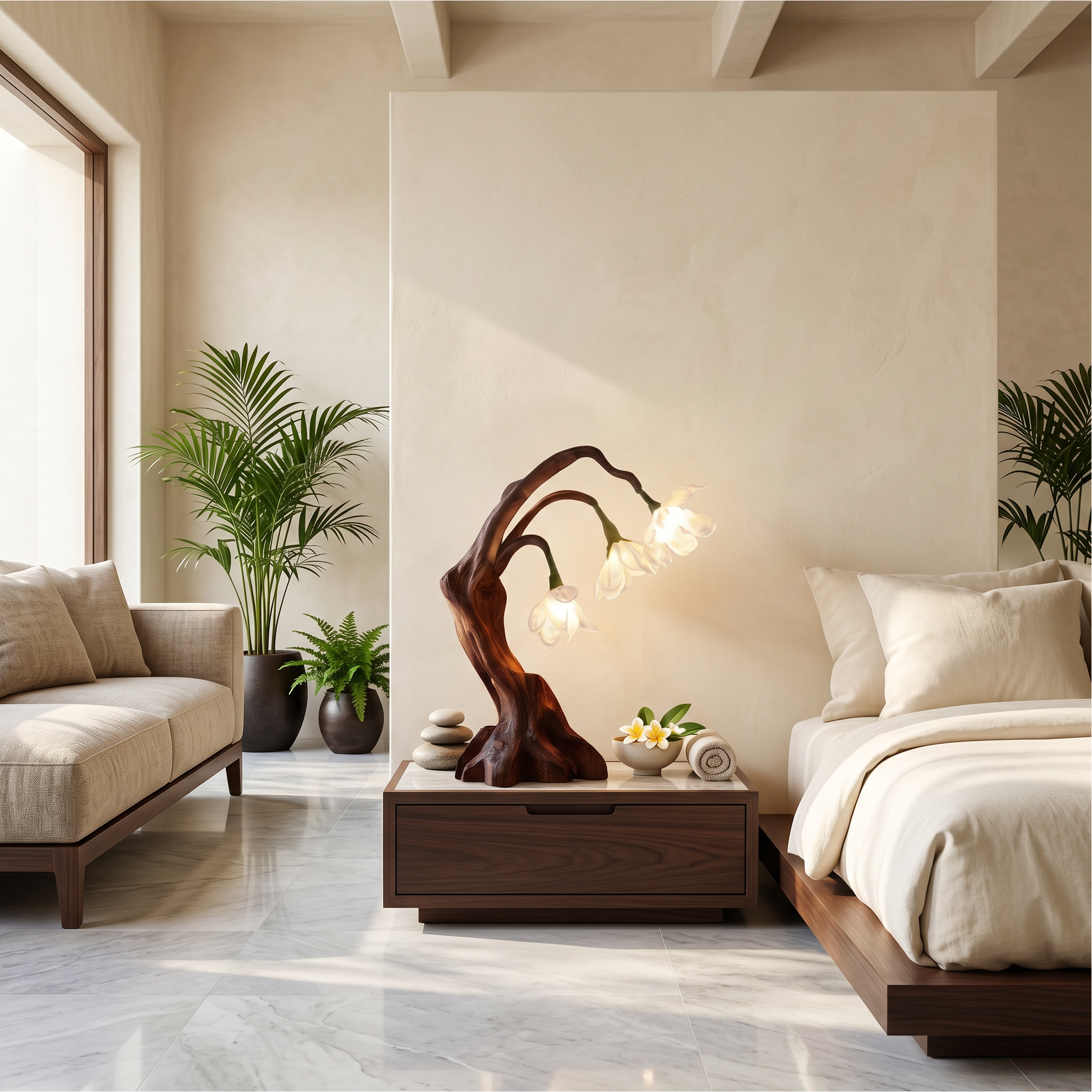 Modern Floral Table Lamp With Sculptural Driftwood Base For Bedroom And Living Room