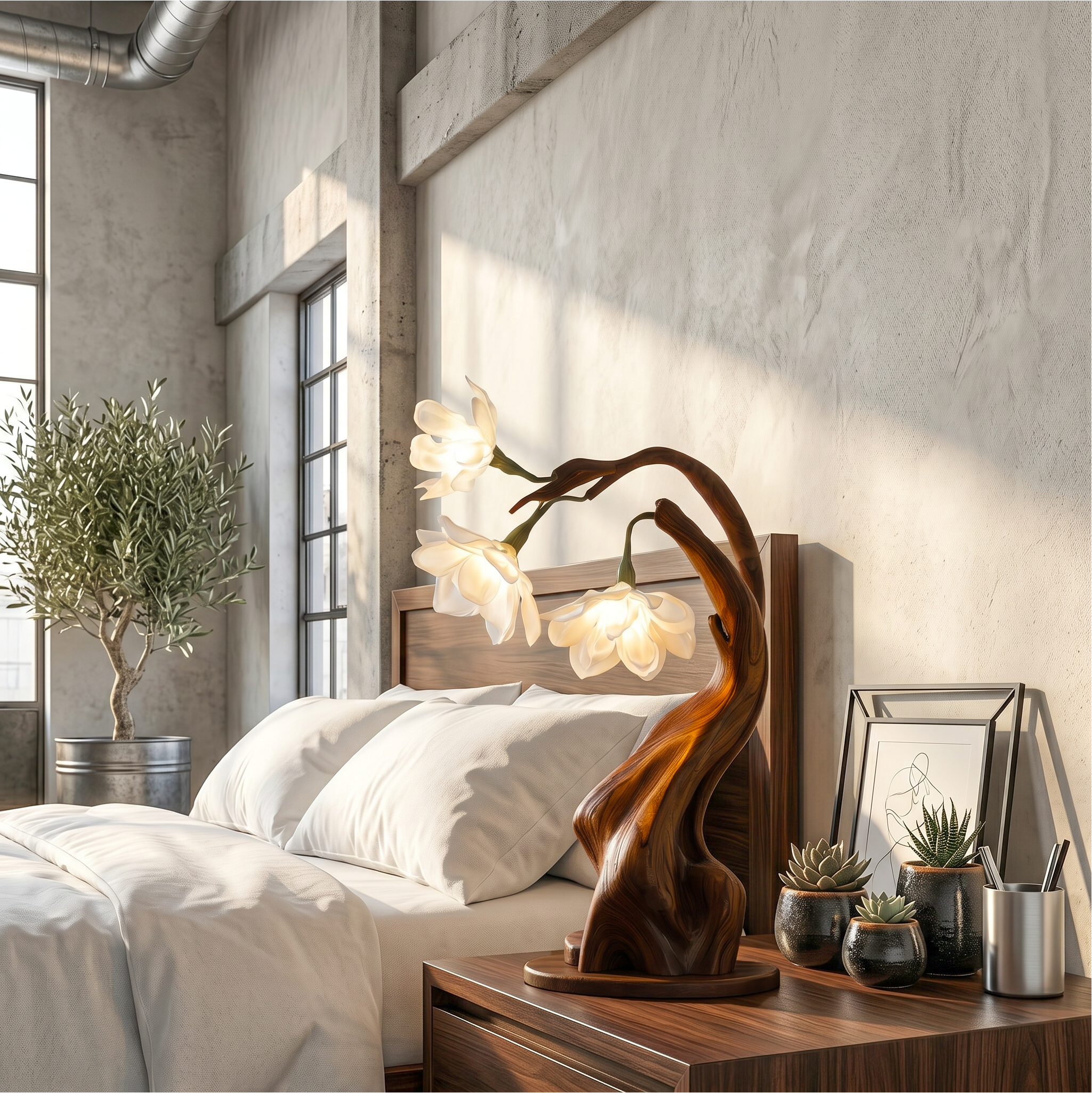 Contemporary Floral Table Lamp With Twisted Solid Wood Base For Bedroom And Living Room